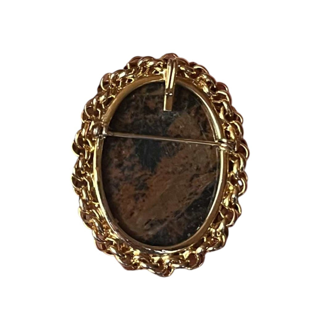 Vintage Faux Agate Oval Brown Stone Ornate Gold Tone Frame Brooch Pendant image 2