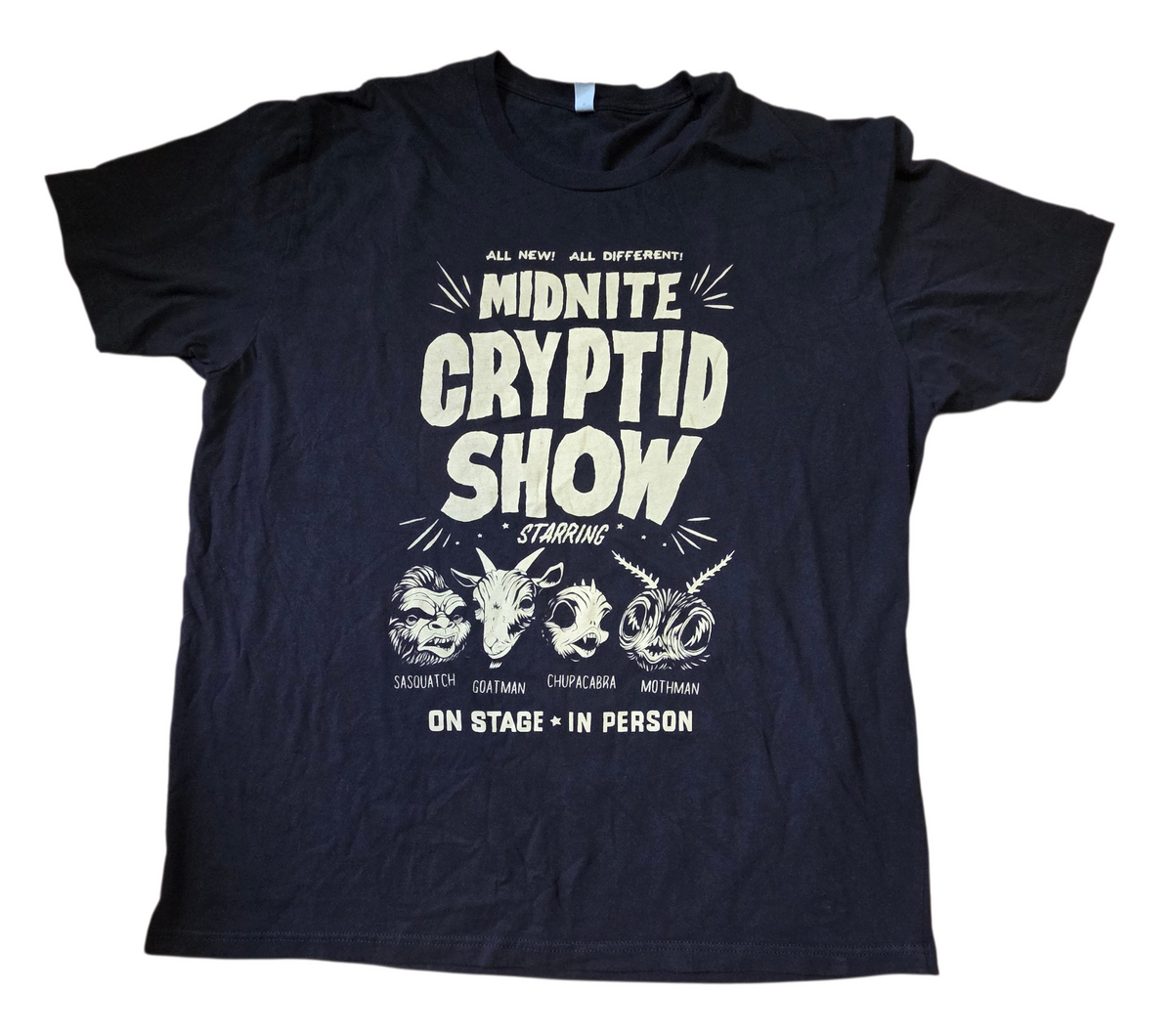 Midnite Cryptid Show Featuring Sasquatch Goatman Chupacabra Mothman T-Shirt XXL