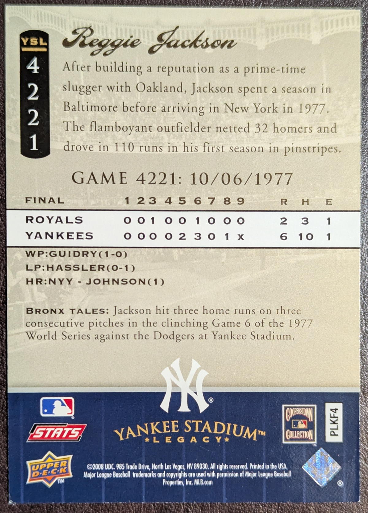 2008 Upper Deck Yankee Stadium Legacy Reggie Jackson #YSL4221 image 2