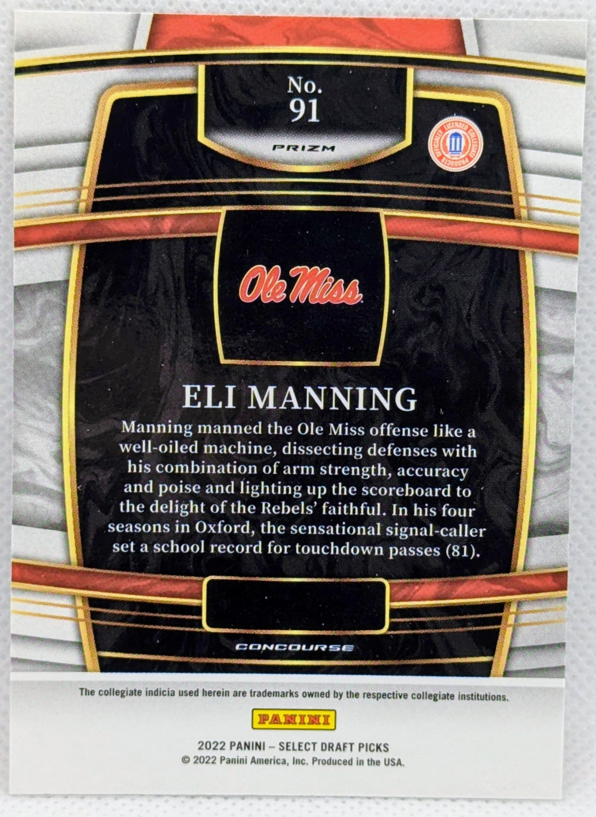 2022 Panini Select Draft Picks Eli Manning #91 Red Lazer Ole Miss NY Giants image 2