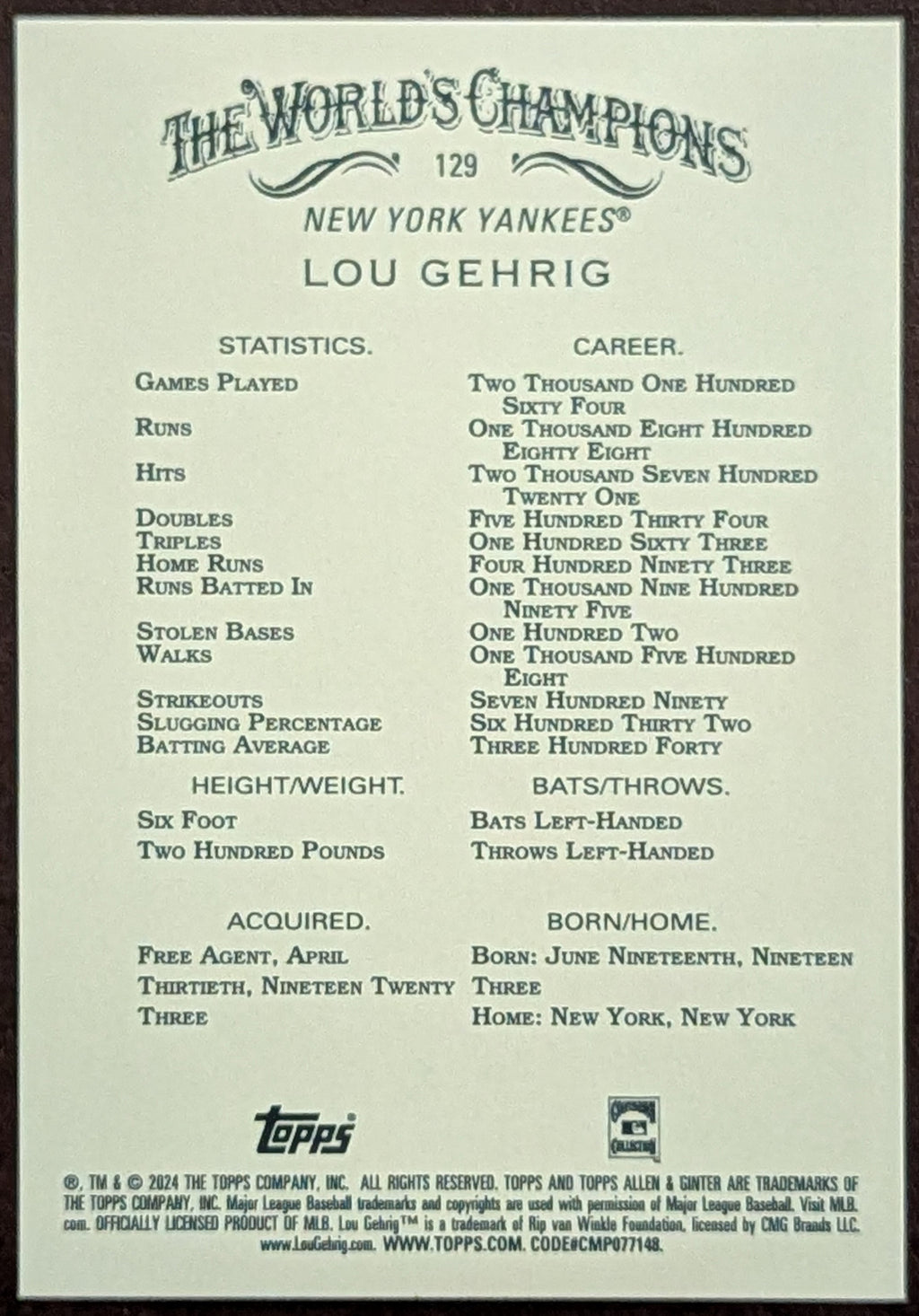 2024 Topps Allen & Ginter Lou Gehrig Hot Box Foil New York Yankees image 2