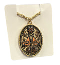 Vintage Gold Tone Faux Stained Glass Floral Kissing Birds Braided Edge Necklace
