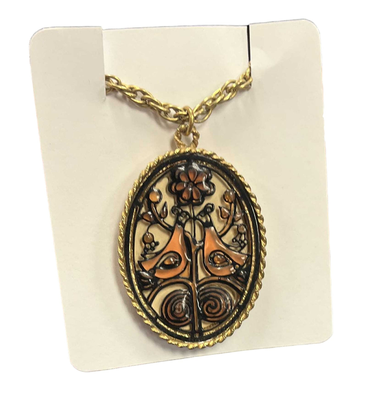 Vintage Gold Tone Faux Stained Glass Floral Kissing Birds Braided Edge Necklace