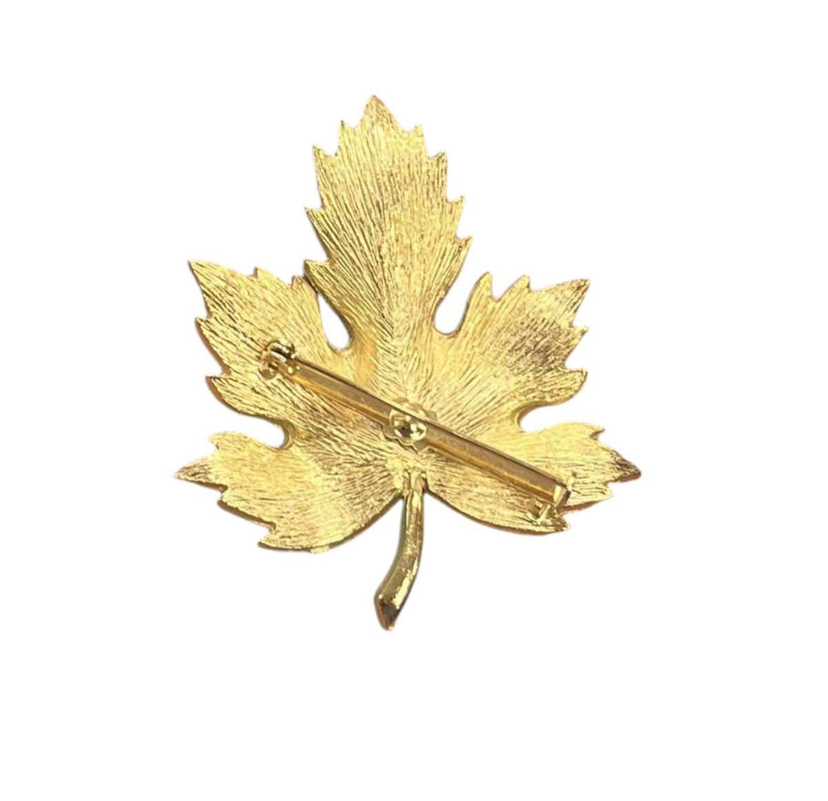 Vintage Gold Tone Green Enamel Rhinestones Large Leaf Pin Brooch image 2