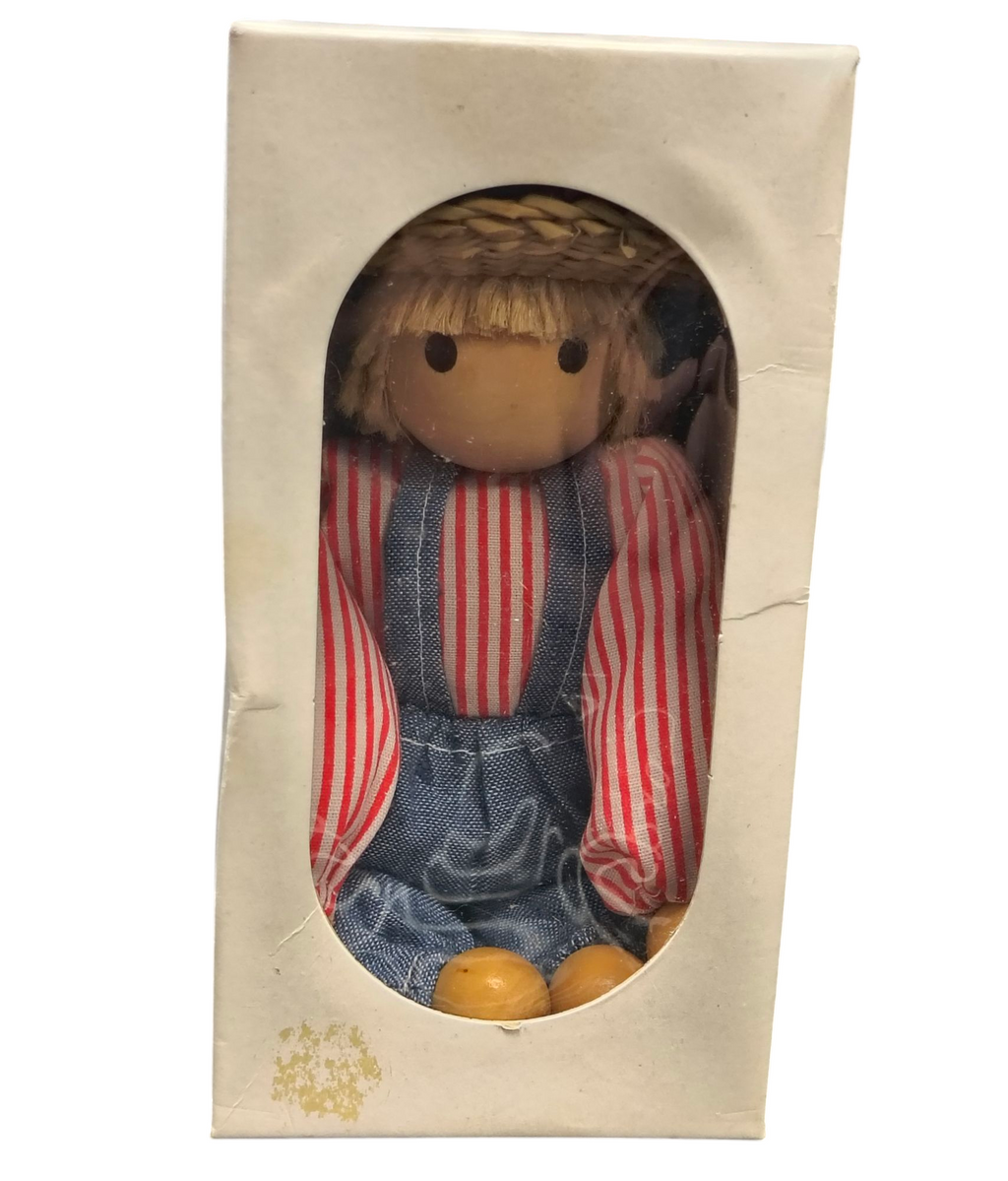 Handmade Wooden Boy Doll In Overalls With Cloth Body & Straw Hat image 3