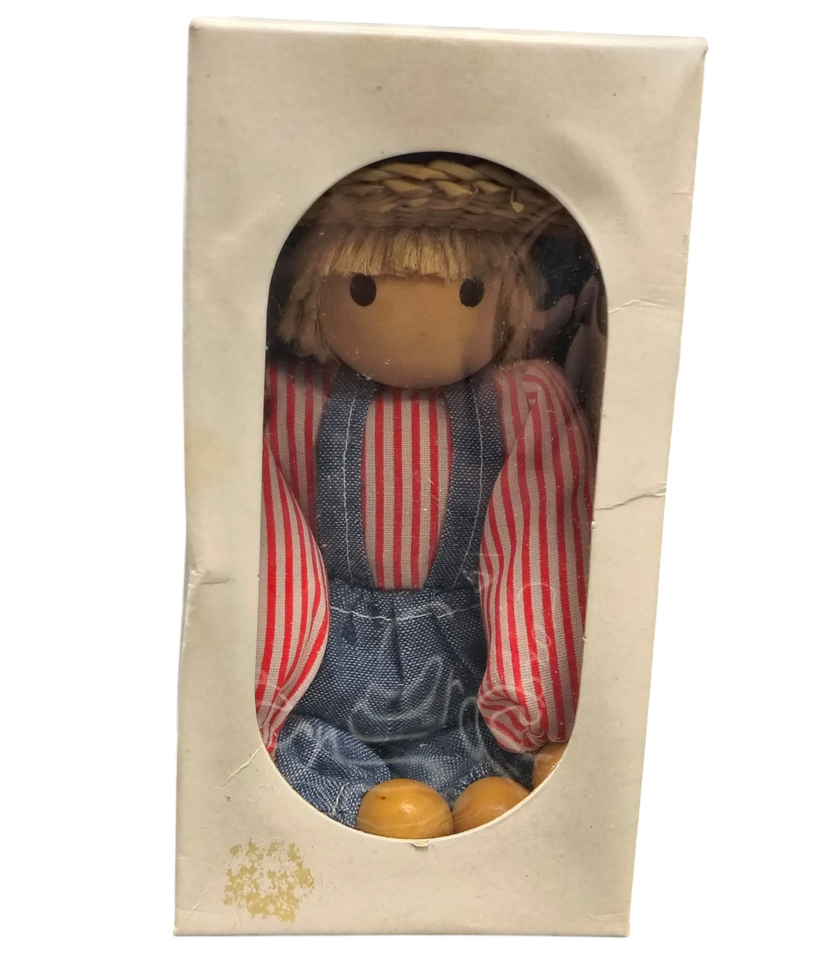 Handmade Wooden Boy Doll In Overalls With Cloth Body & Straw Hat image 3