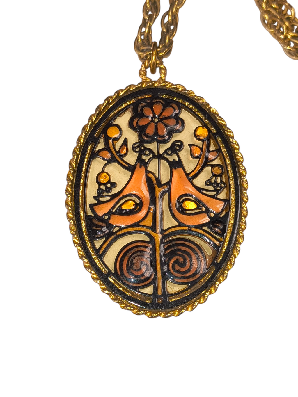 Vintage Gold Tone Faux Stained Glass Floral Kissing Birds Braided Edge Necklace image 3