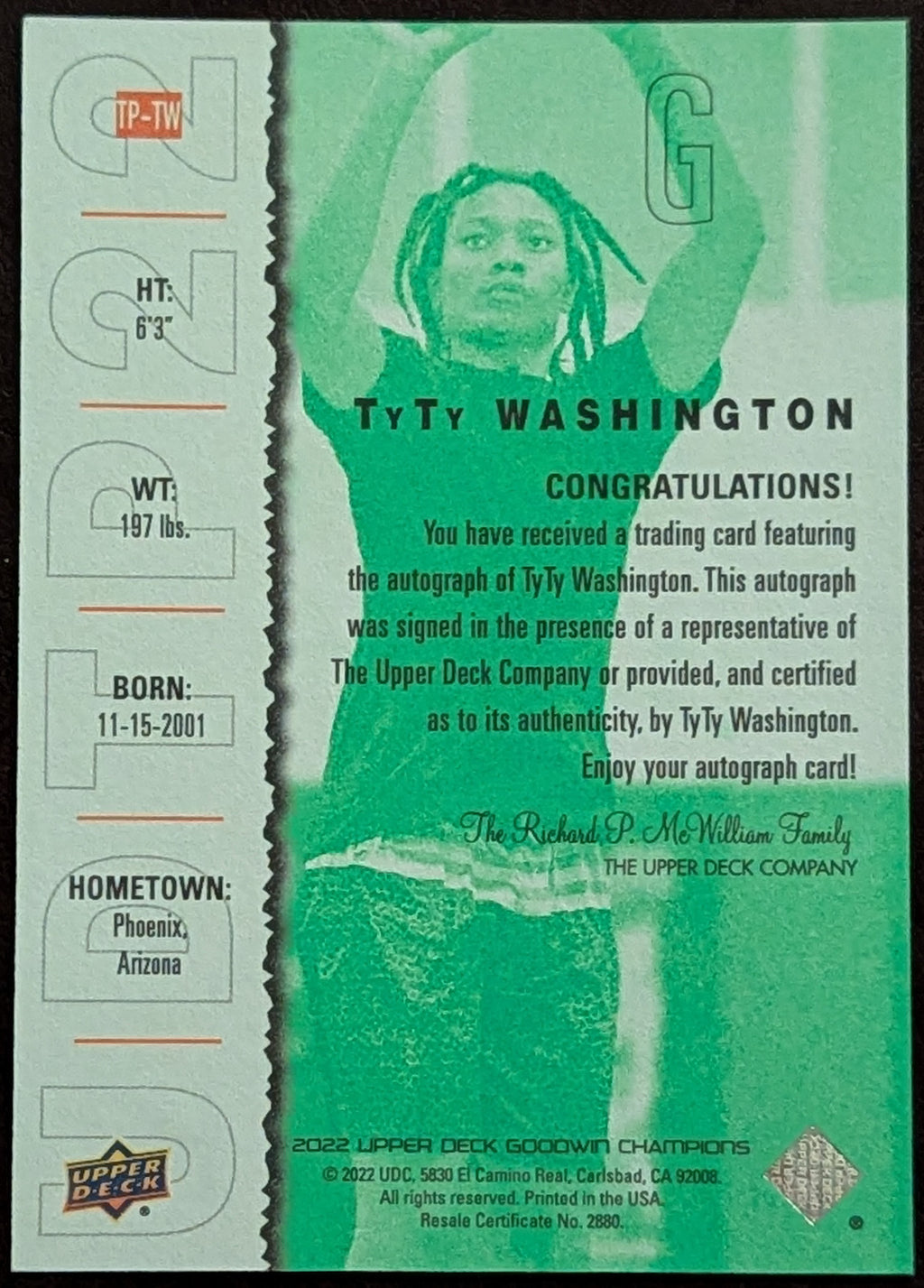 2022 Upper Deck Goodwin Champions /499 TyTy Washington Jr Ty Rookie Auto RC image 2