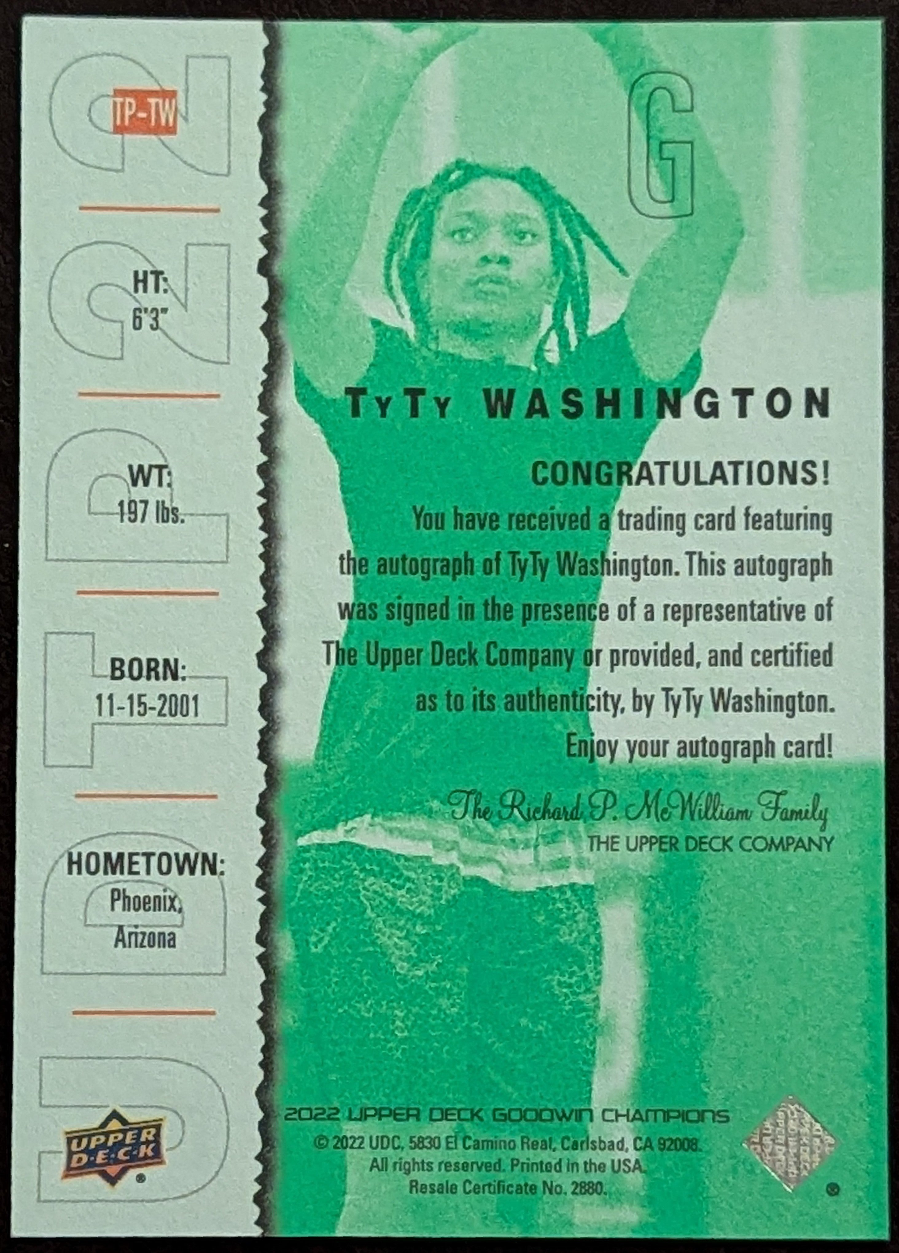2022 Upper Deck Goodwin Champions /499 TyTy Washington Jr Ty Rookie Auto RC image 2