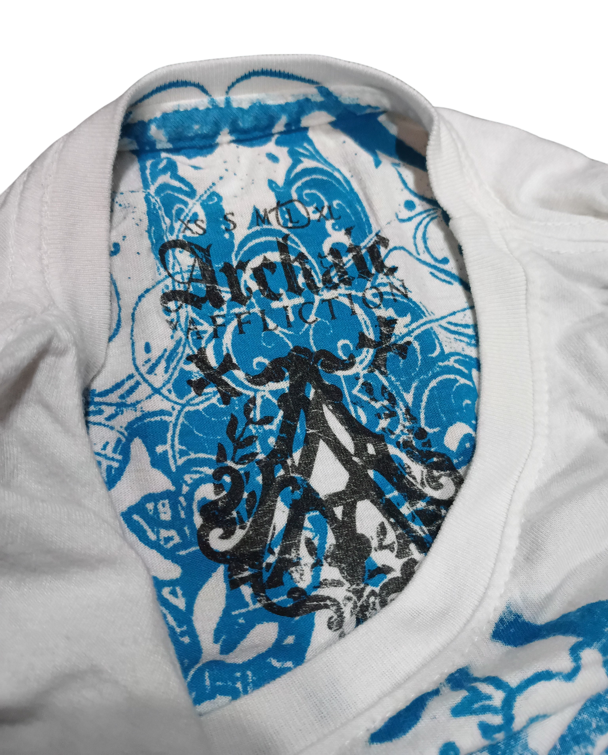 Y2K Archaic Atelier By Affliction White And Blue Womens Slim Fit Large T-Shirt image 3