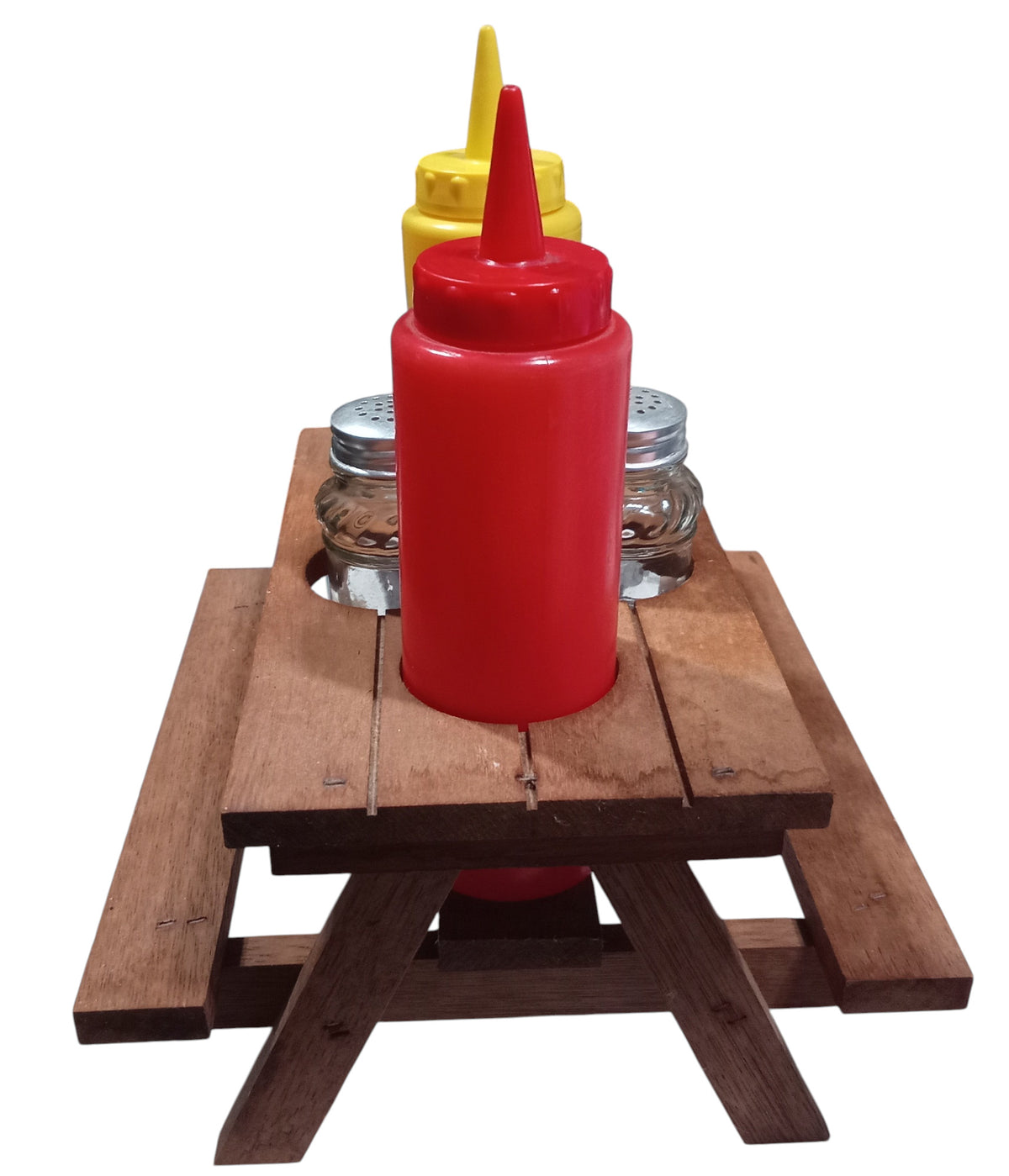 Wooden Picnic Table Condiment Holder Vintage Ketchup Mustard Bottle S&P Napkin image 3