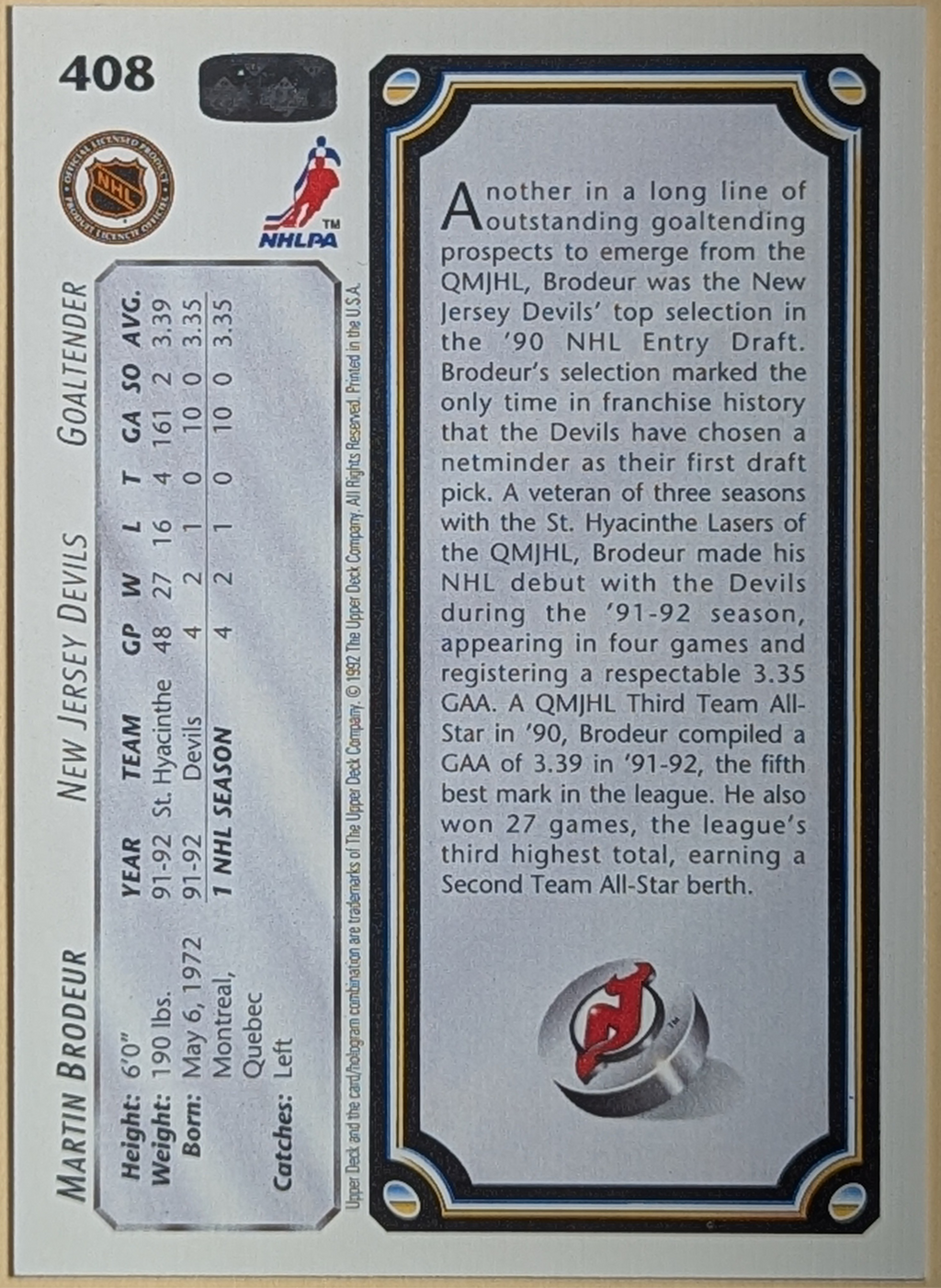 1992-93 Upper Deck Star Rookies #408 Martin Brodeur New Jersey Devils image 2