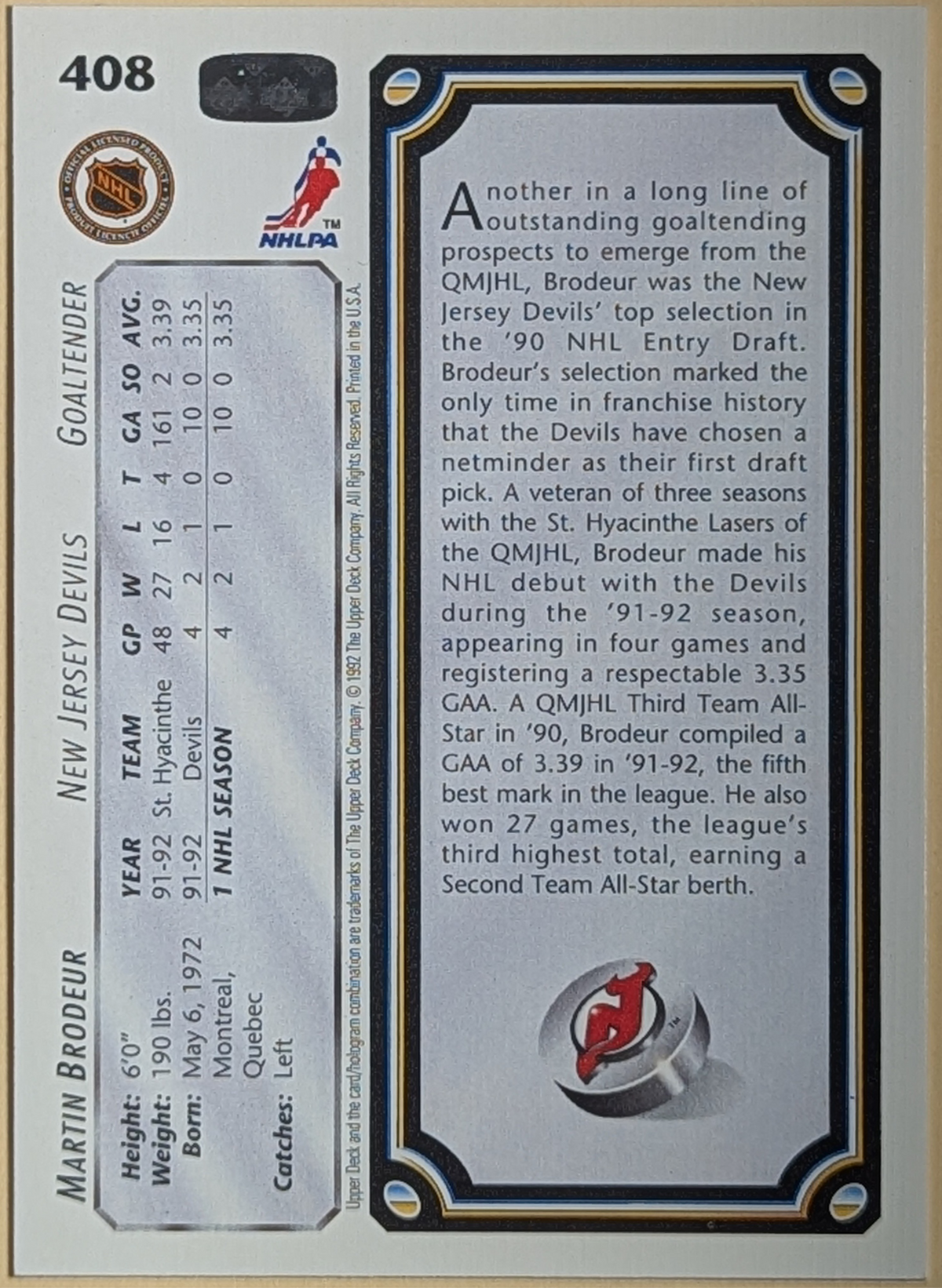 1992-93 Upper Deck Star Rookies #408 Martin Brodeur New Jersey Devils image 2