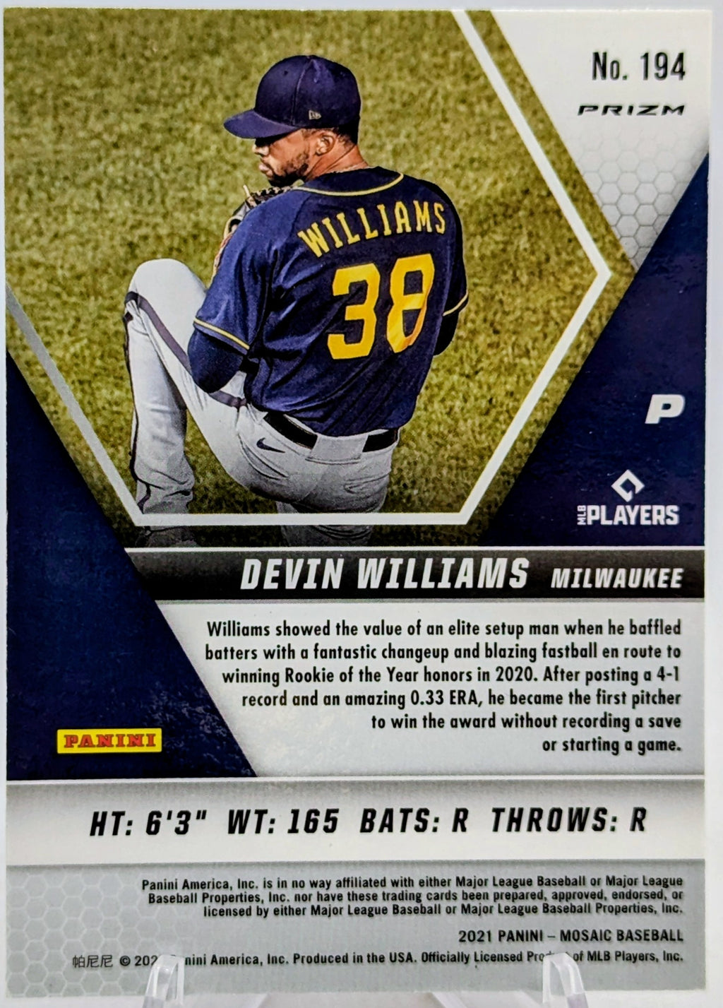 2021 Panini Mosaic Pink Prizm #194 Devin Williams Milwaukee Brewers image 2