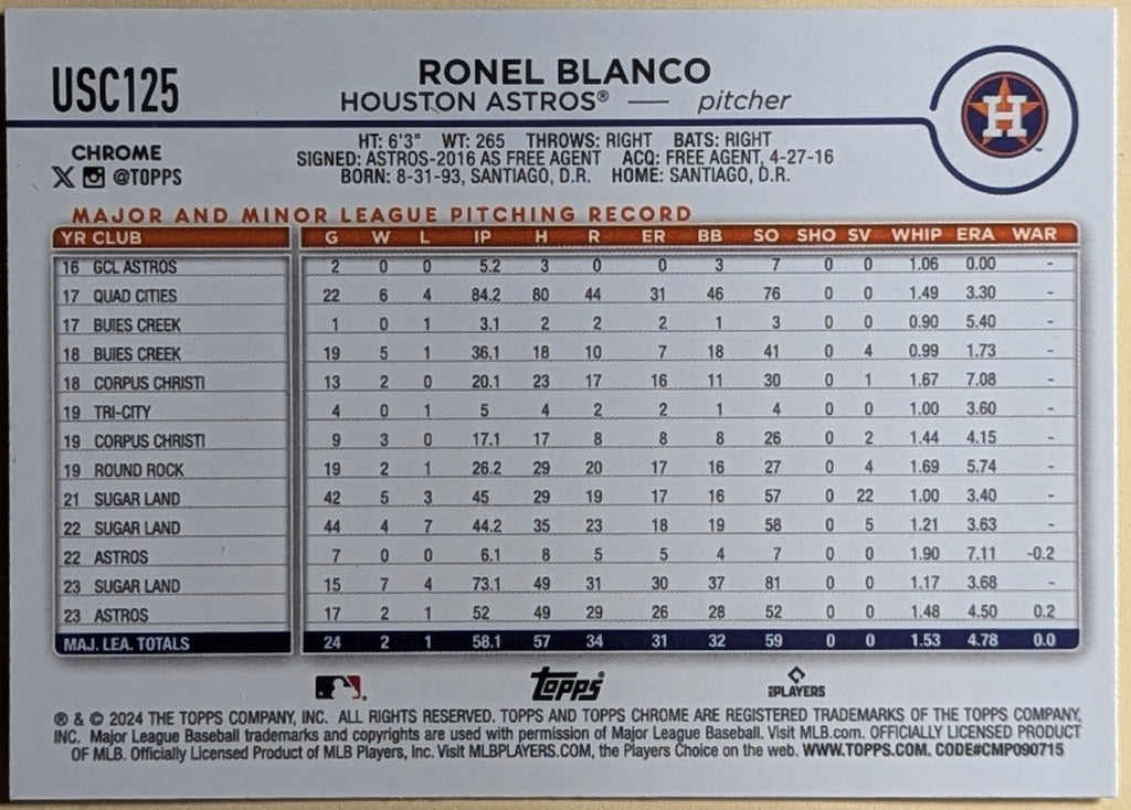2024 Topps Chrome Update X-Fractors #USC125 Ronel Blanco RC Houston Astros image 2