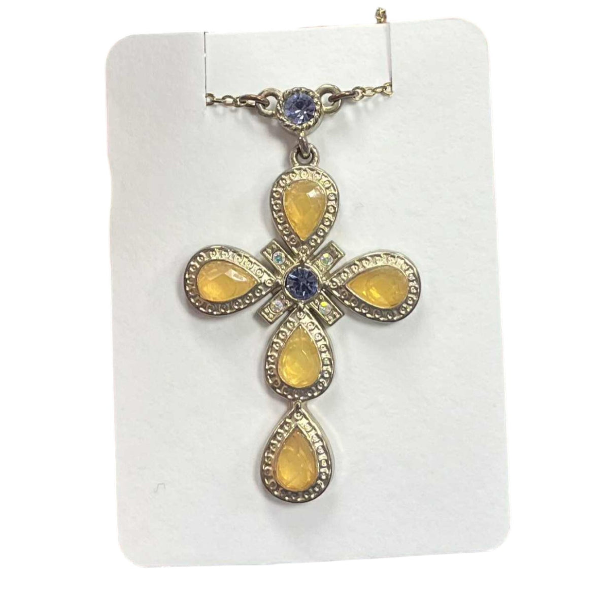 Vintage Nina Ricci Avon Cross Pendant Rhinestones Purple and Yellow Necklace