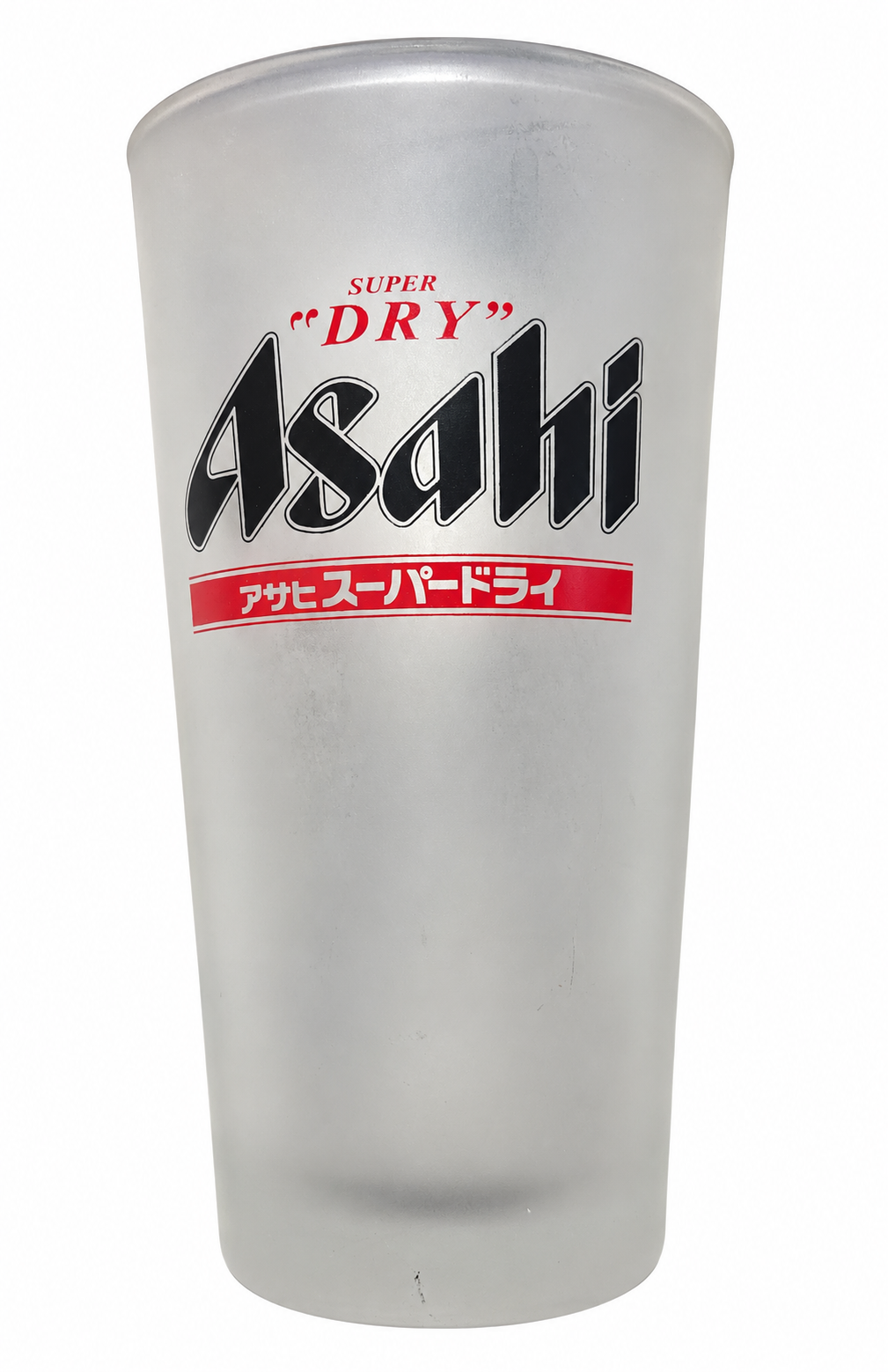 Asahi Super Dry frosted beer glass front view on white background