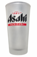 Asahi Super Dry frosted beer glass front view on white background