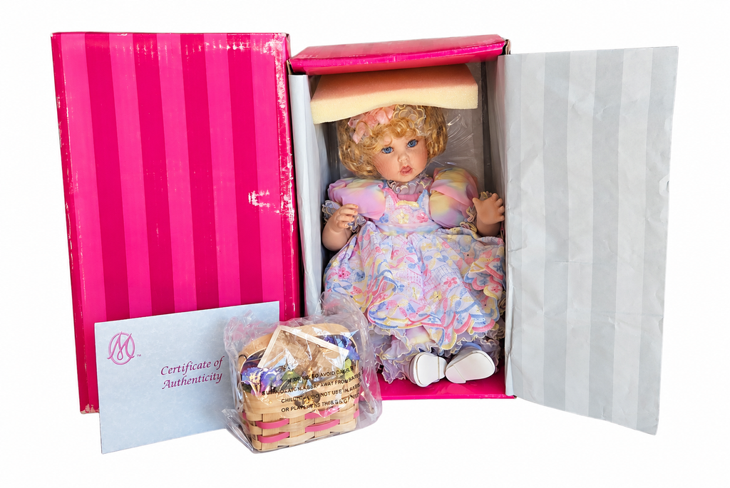 Brand new Marie Osmond Basket & Blooms Baby doll with original box, basket and COA