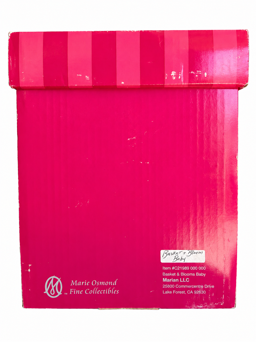 Marie Osmond original pink box showing scuffs and item C21989 label