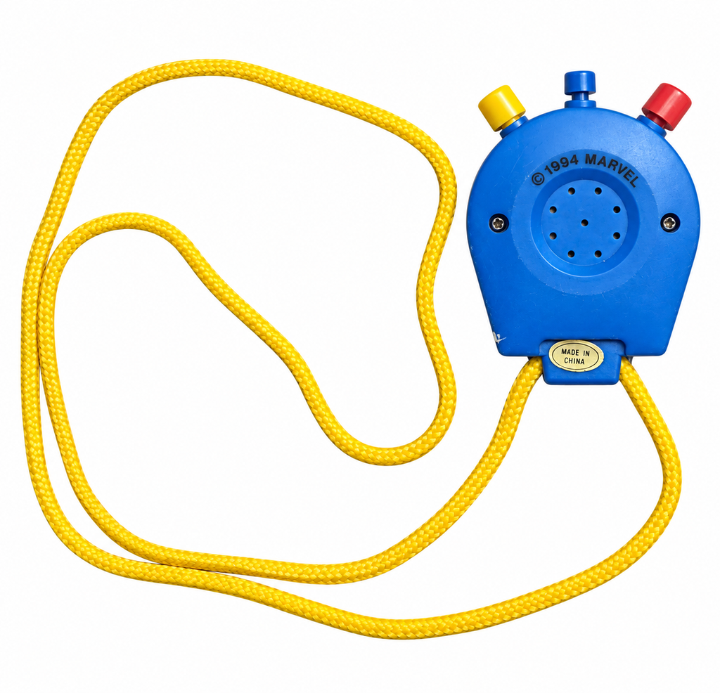 1994 Marvel X-Men stopwatch and yellow cord, back on white