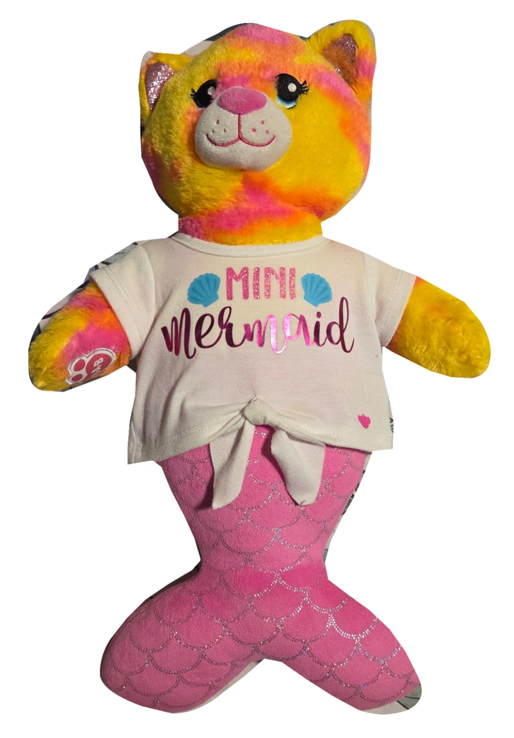 Build-A-Bear Mer-Cat plush with Mini Mermaid shirt front-dressed view on white background