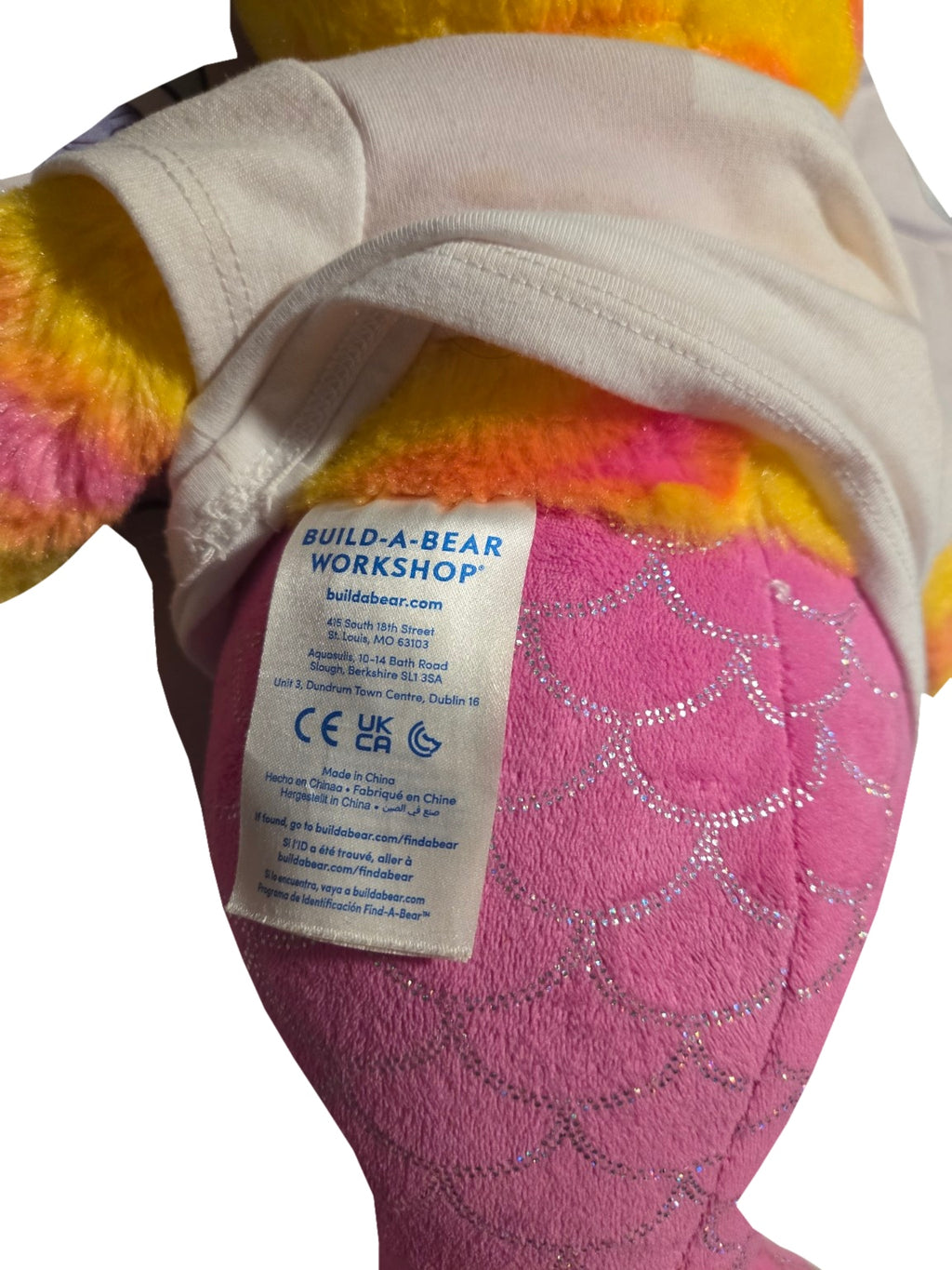 Build-A-Bear Mer-Cat plush with Mini Mermaid shirt tag view on white background