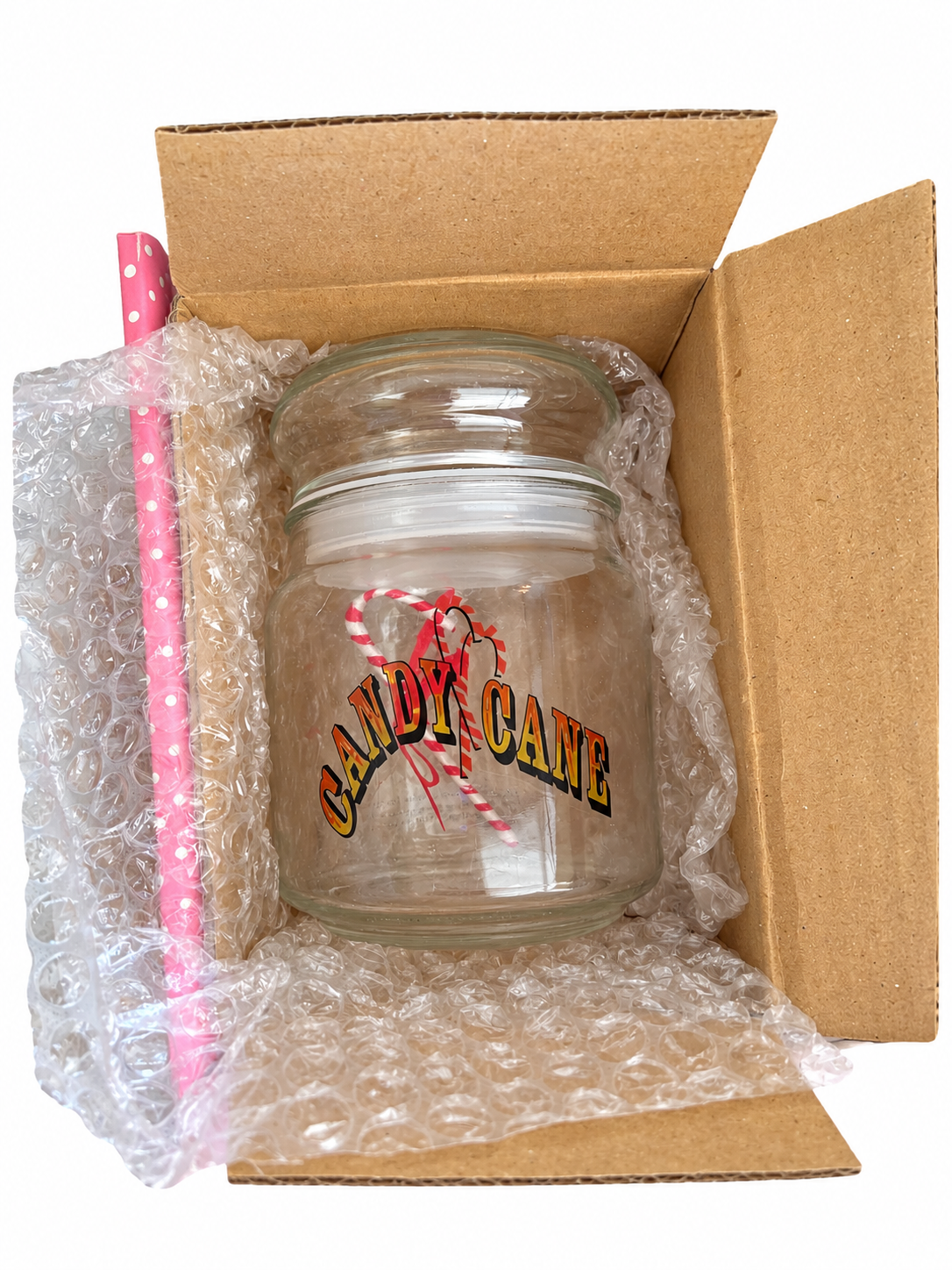 Included Candy Cane glass jar and lid in original protective packaging