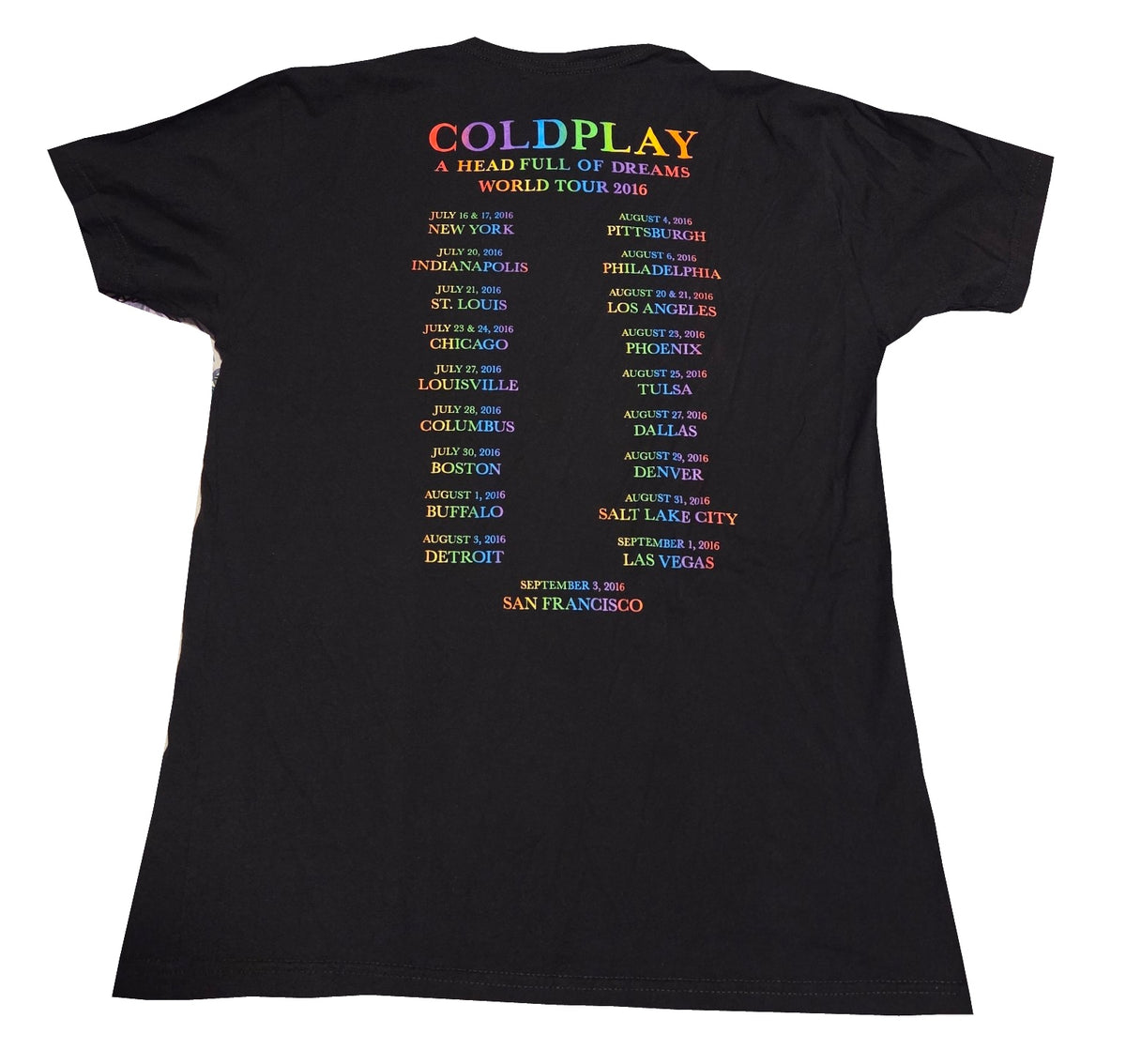 Coldplay A Head Full of Dreams World Tour 2016 black T-shirt size Medium, back, white background