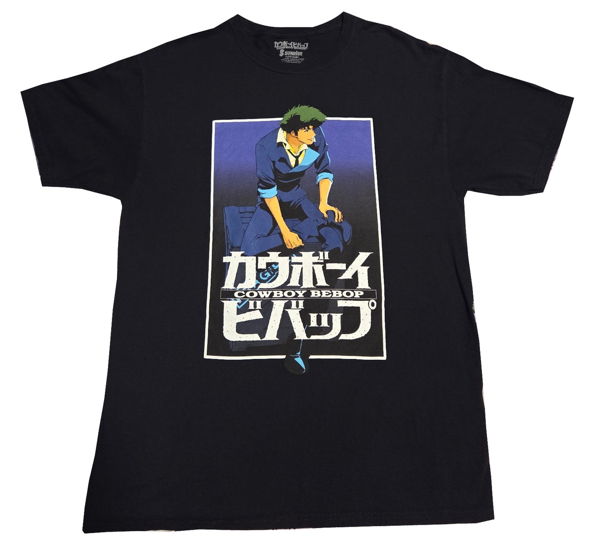 Cowboy Bebop seated Spike Spiegel black graphic T-shirt size Large, front, white background