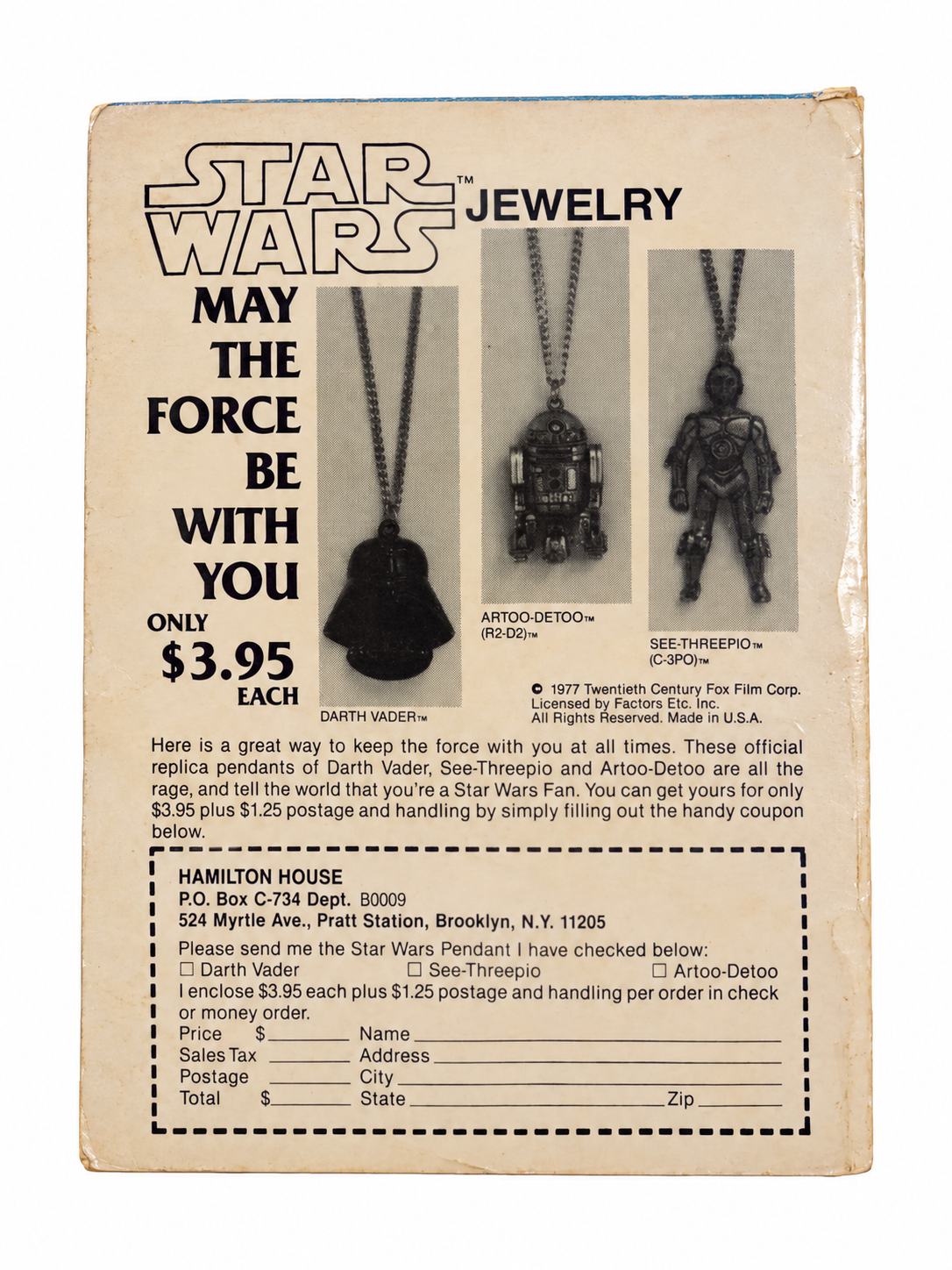 Dennis the Menace 1 back cover with Star Wars jewelry advertisement