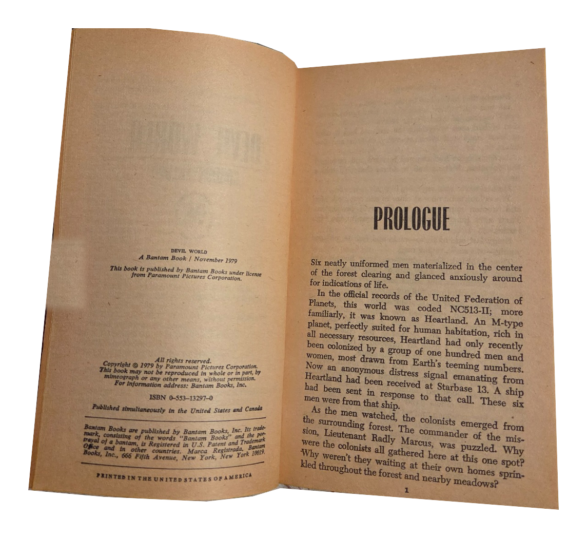Star Trek Devil World by Gordon Eklund copyright and prologue pages, fingers removed, on white background