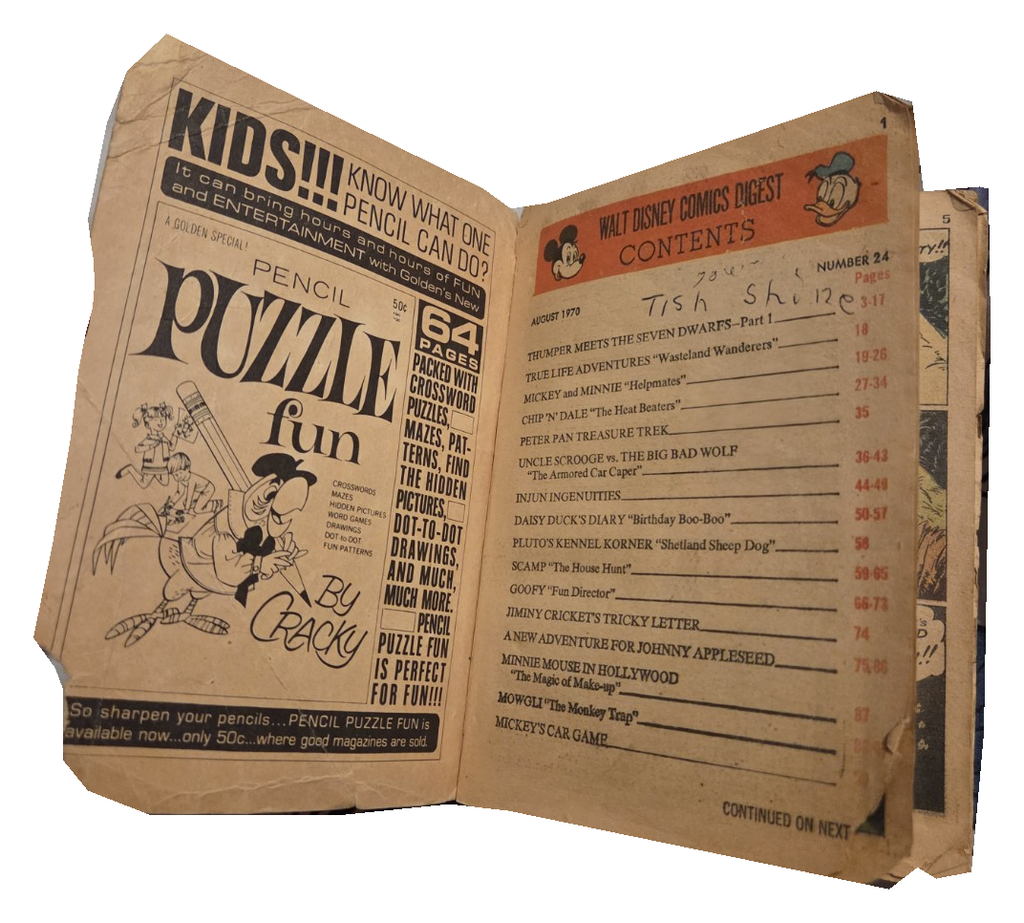 Walt Disney Comics Digest 24 original contents pages August 1970 with handwriting