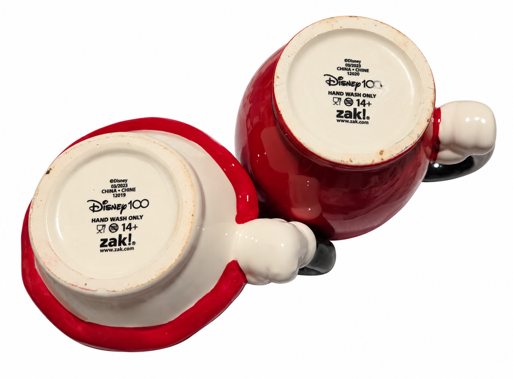 Disney100 Zak Designs Mickey and Minnie mug pair base markings and wear on white background