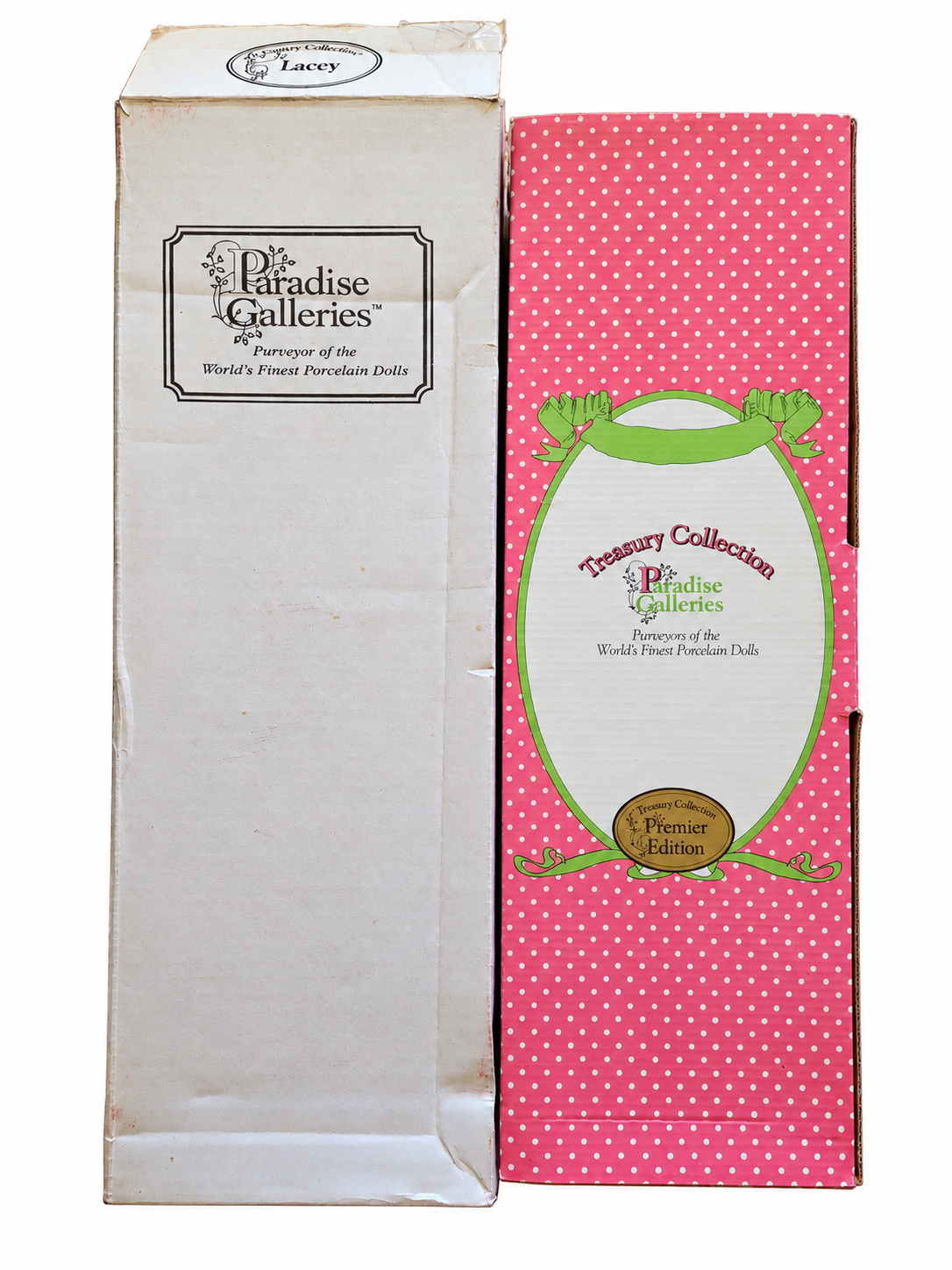 Lacey original Paradise Galleries box and lid showing storage wear