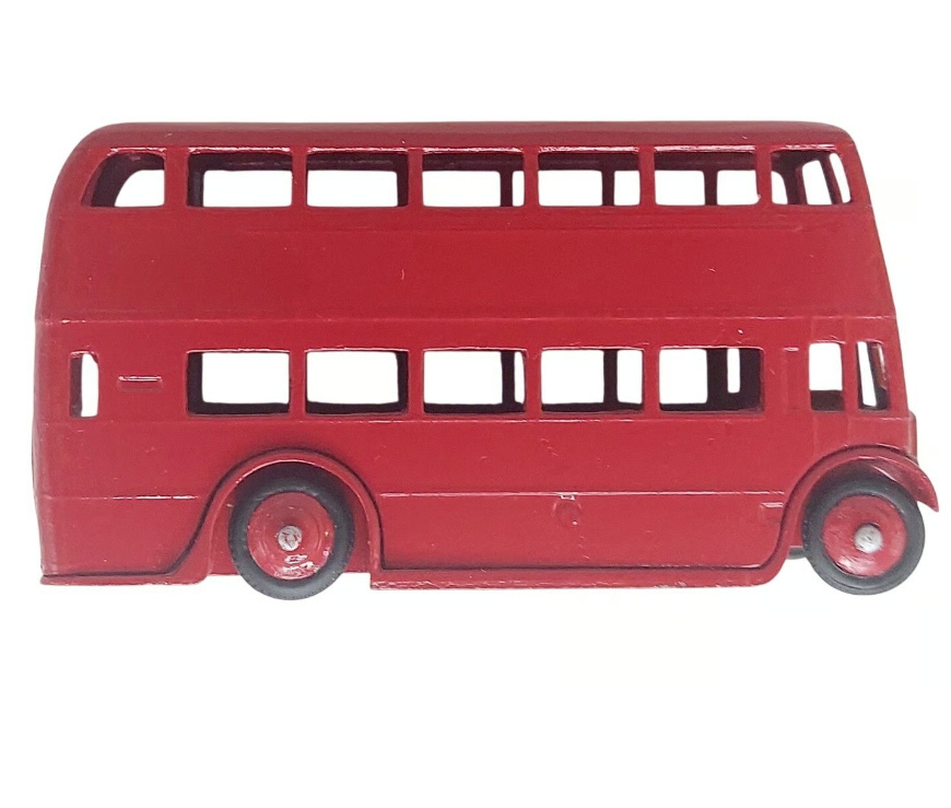 A small red double-decker bus model shown in side profile against a plain white background.