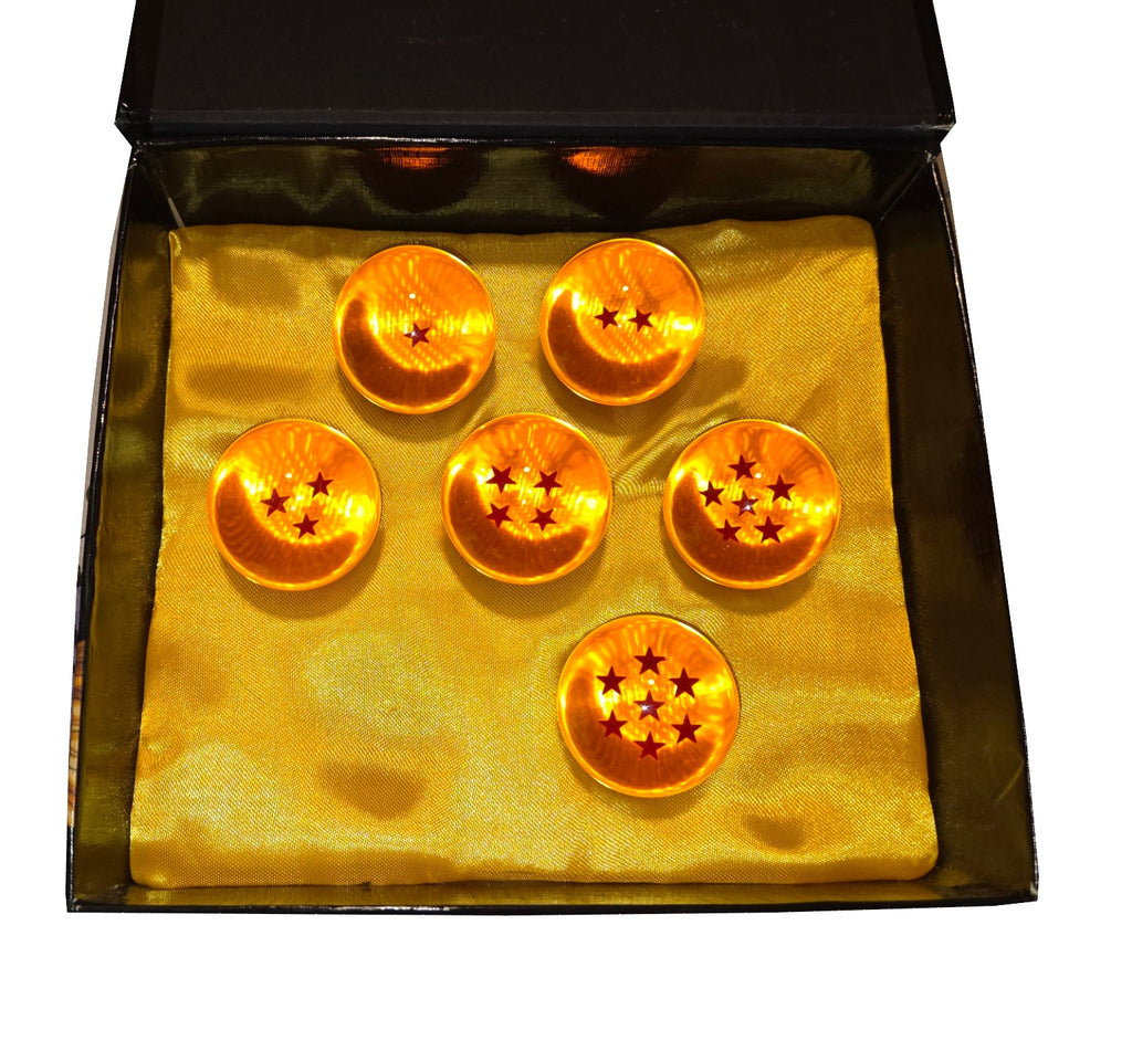 Pre-owned Dragon Ball Z crystal ball set, missing five-star ball, open close, white background