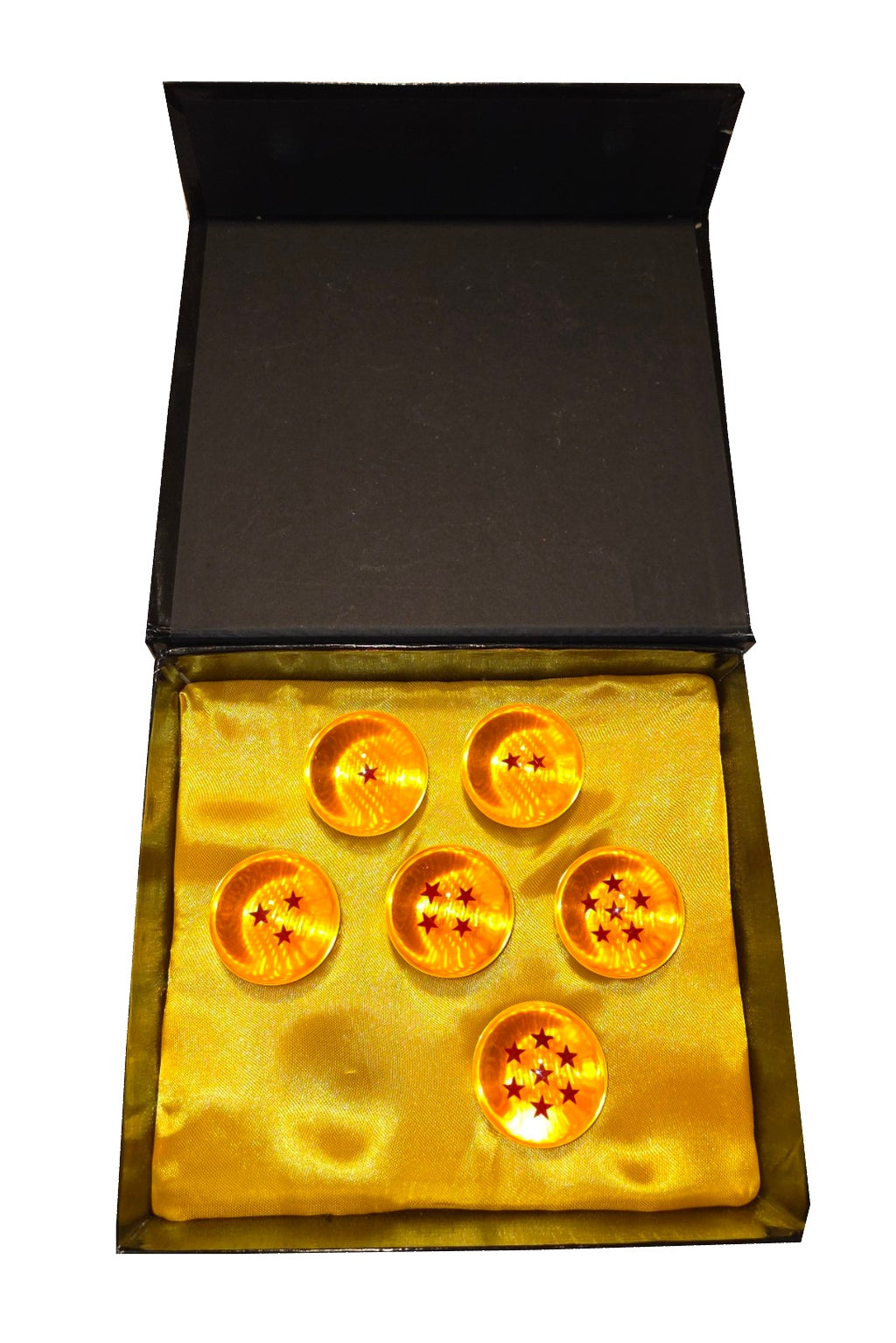 Pre-owned Dragon Ball Z crystal ball set, missing five-star ball, open full, white background