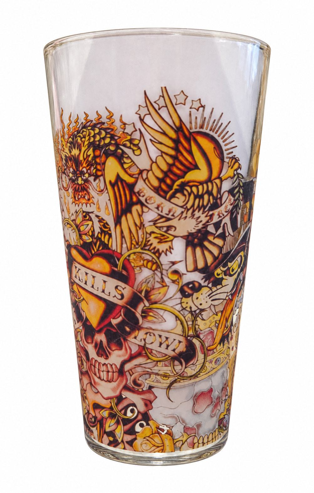 Ed Hardy tattoo collage drinking glass eagle view on white background