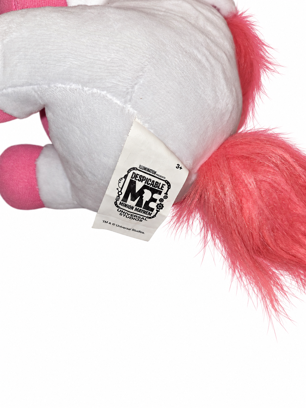 Original Despicable Me Minion Mayhem Universal Studios fabric label on Fluffy unicorn plush