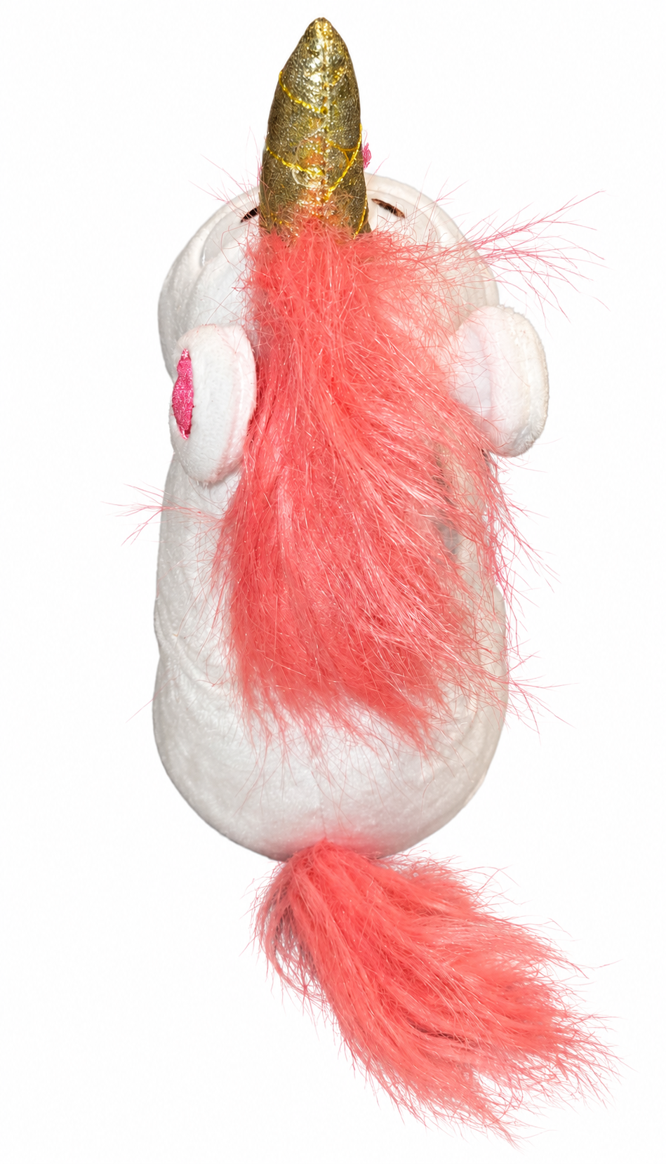 Despicable Me Fluffy unicorn plush rear view with pink mane and tail on white background