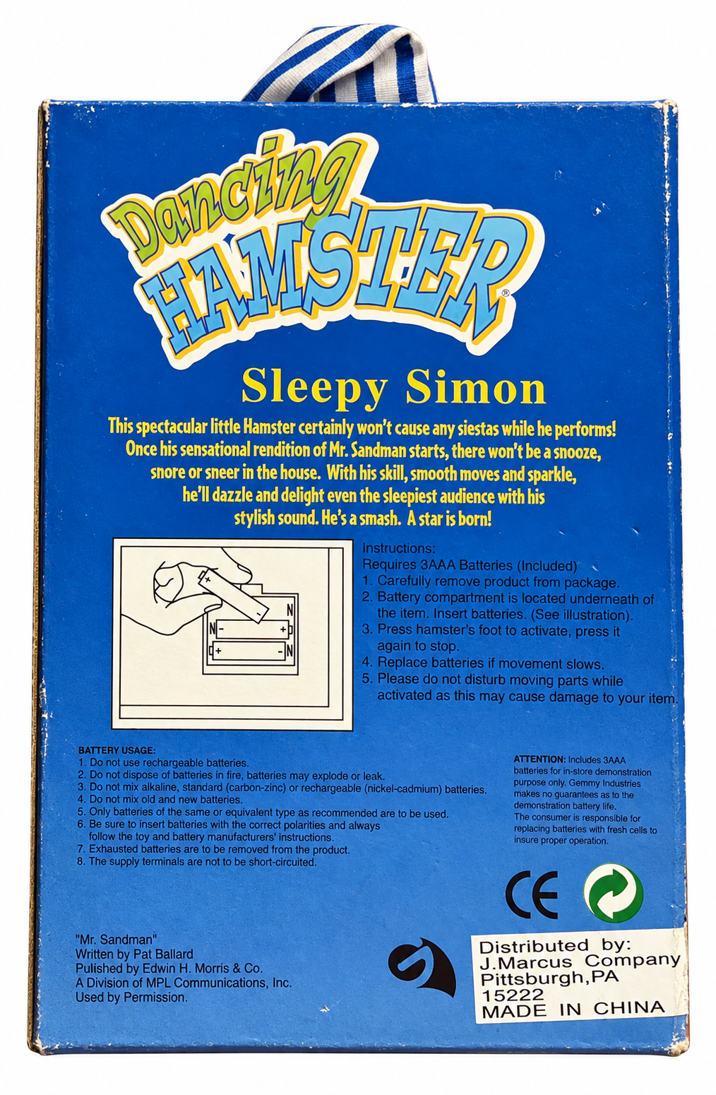 Gemmy Sleepy Simon Dancing Hamster box back with battery instructions on white background
