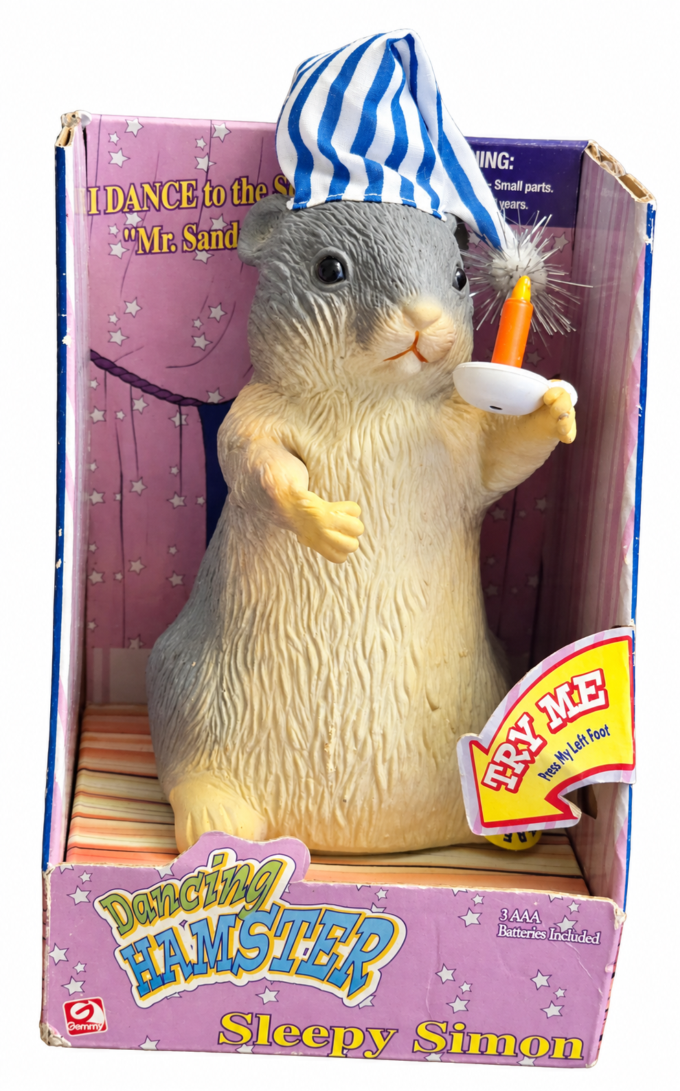 Gemmy Sleepy Simon Dancing Hamster in original retail display box, front on white background