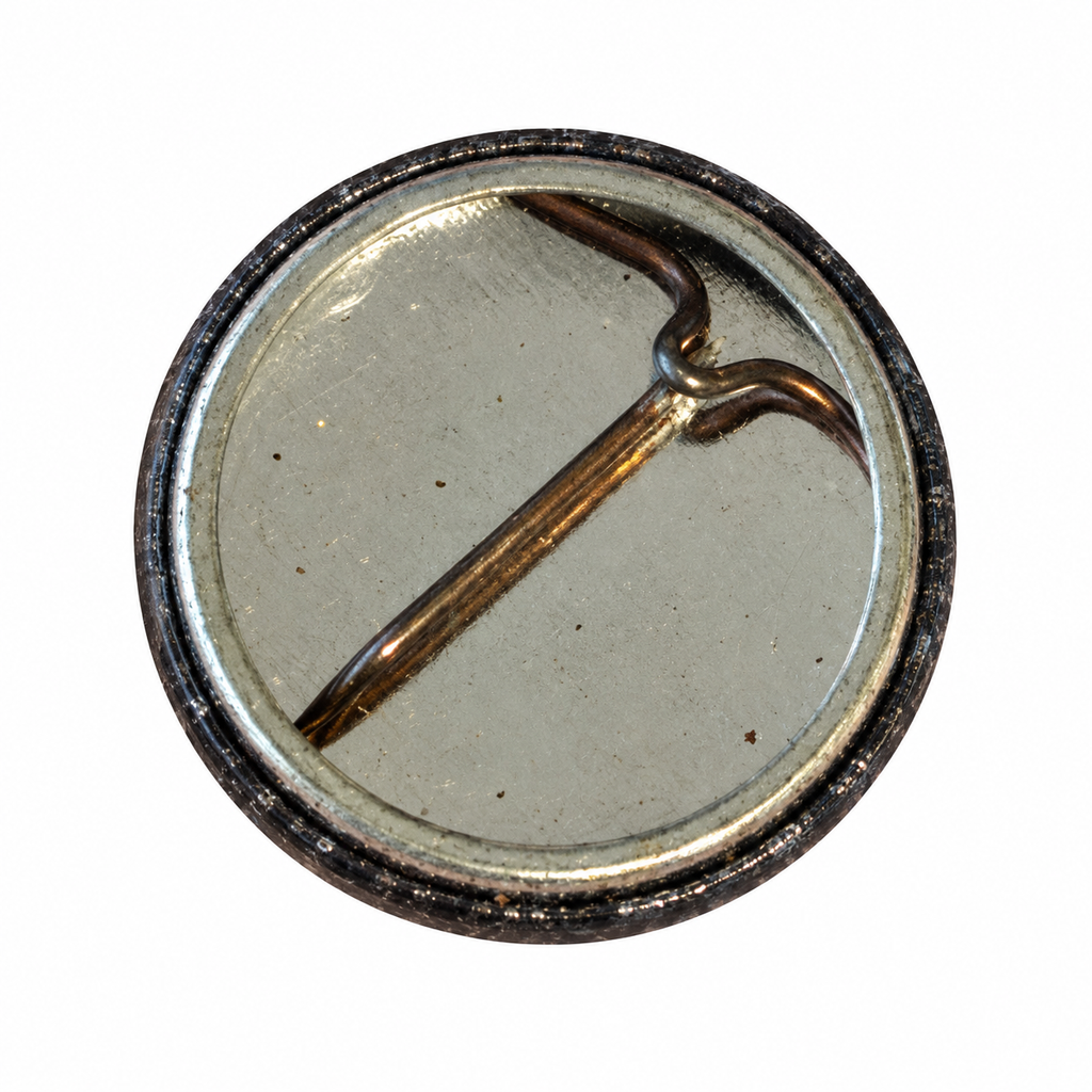 Button pin metal back and clasp showing pre-owned surface wear