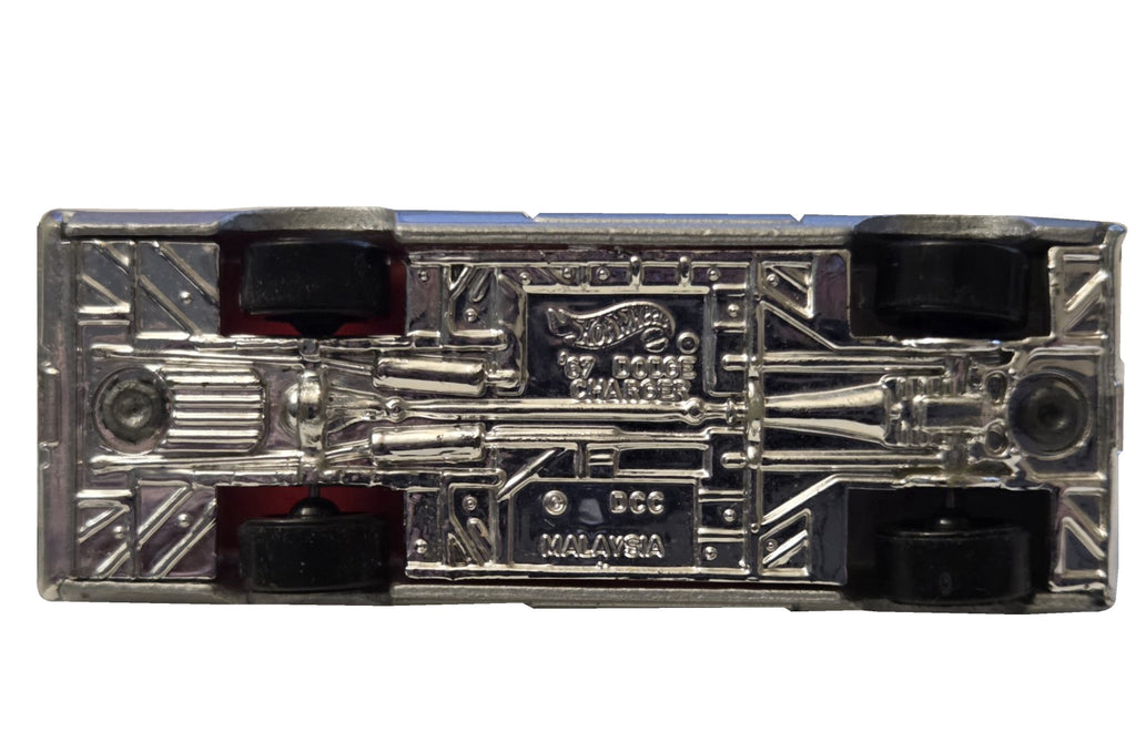 Pre-owned Hot Wheels 1967 Dodge Charger silver with red interior underside view on white background