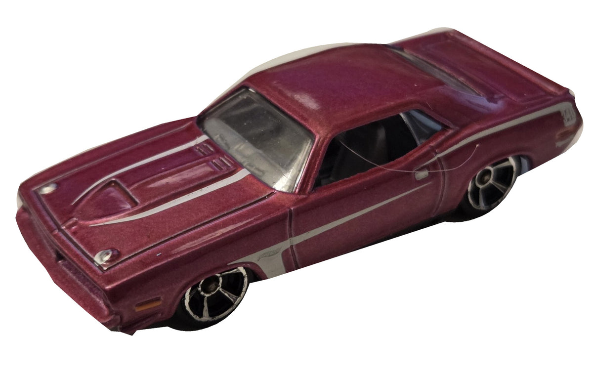 Pre-owned Hot Wheels 1970 Plymouth AAR Cuda metallic magenta front-left view on white background