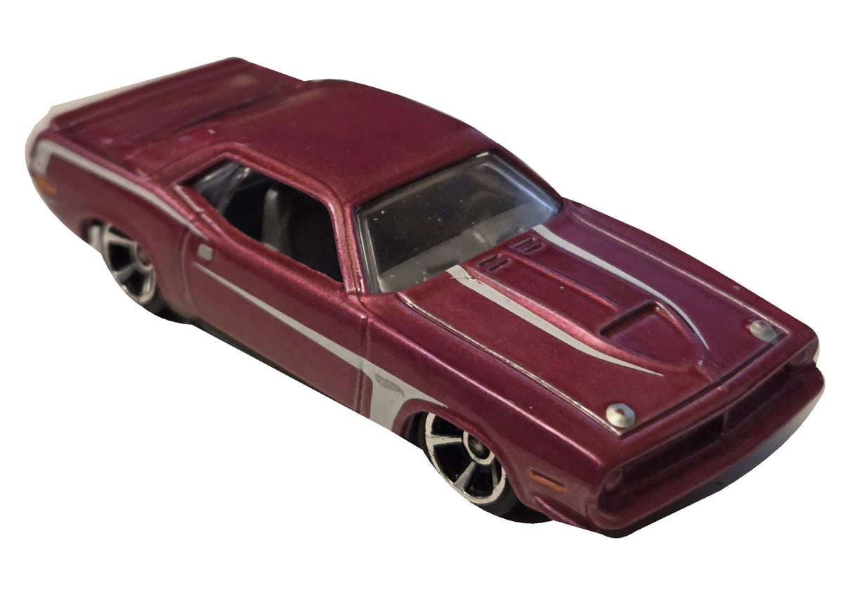 Pre-owned Hot Wheels 1970 Plymouth AAR Cuda metallic magenta front-right view on white background