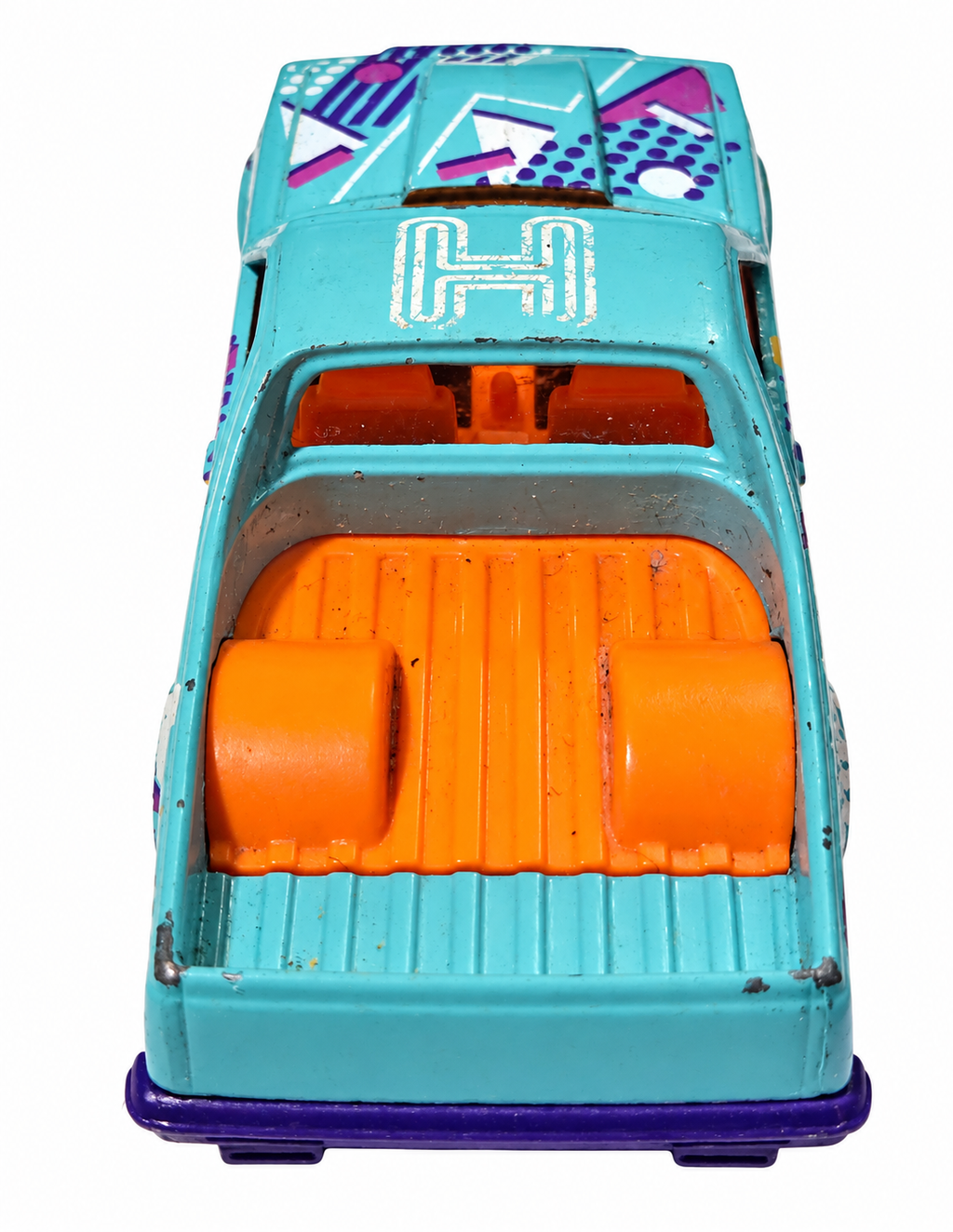 Hot Wheels HW Art Cars turquoise 1980 Chevy El Camino, rear and top view on white