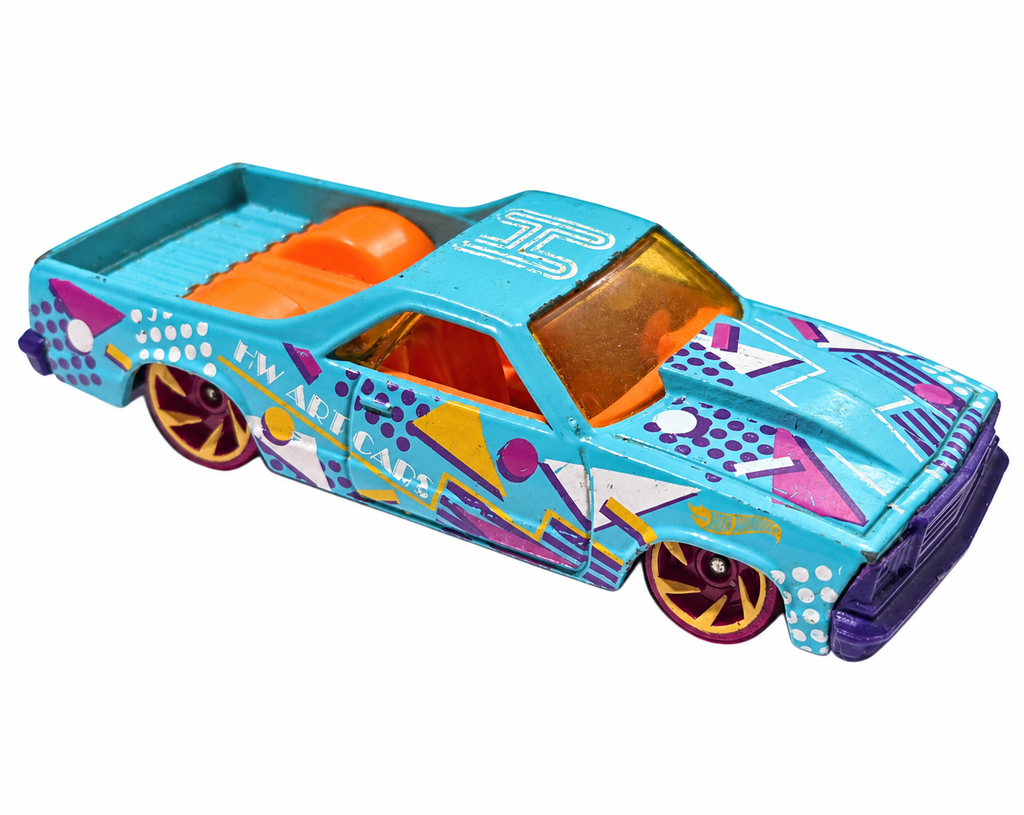 Hot Wheels HW Art Cars turquoise 1980 Chevy El Camino, side view on white