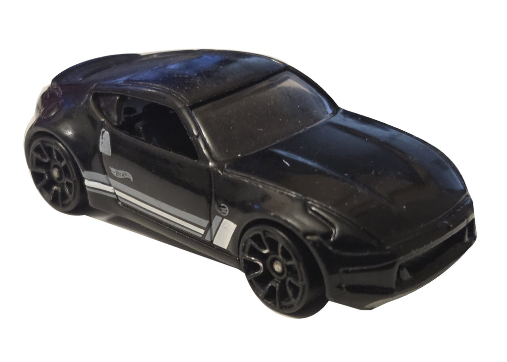 Pre-owned Hot Wheels Nissan 370Z black with white and gray stripes front-right view on white background